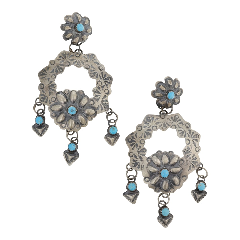 Gabrielle Yazzie Navjao Kingman Turquoise Bump Out Chandelier Earrings: Sterling Silver | Genuine Kingman Turquoise | Gabrielle Yazzie Navjao Kingman Turquoise Bump Out Chandelier Earrings | Navajo Native American Southwest Indian Jewelry | Good (no breaks or damages) | A