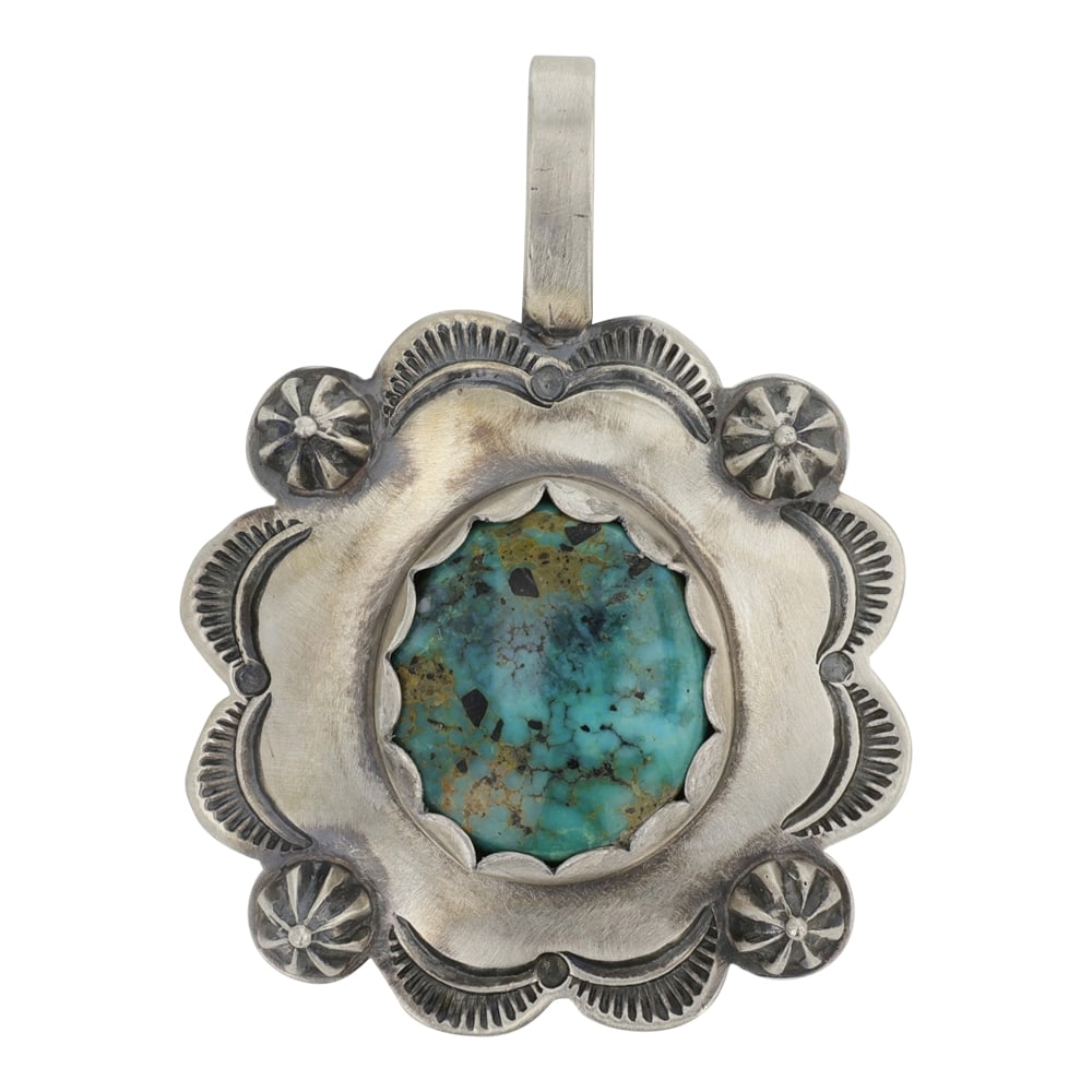 Mark Yazzie Navjao Nevada Turquoise Pendant: Sterling Silver | Genuine Nevada Turquoise | Mark Yazzie Navjao Nevada Turquoise Pendant | Navajo Native American Southwest Indian Jewelry | Good (no breaks or damages) | Approximate Weight: 13 Grams 