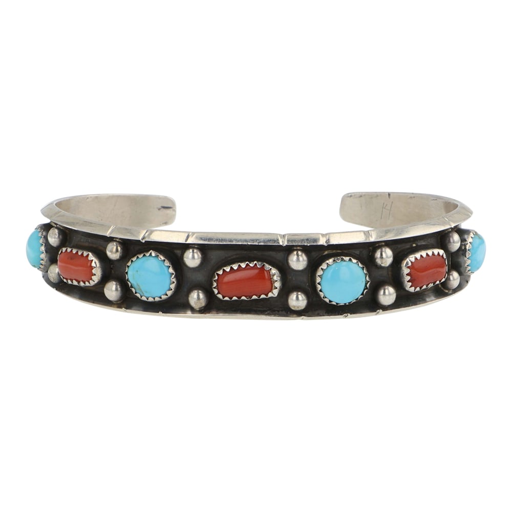 Rose Castillo Navajo Turquoise & Coral Cuff Bracelet: Sterling Silver | Genuine Turquoise & Coral | Rose Castillo Navajo Turquoise & Coral Cuff Bracelet | Navajo Native American Southwest Indian Jewelry | Good (no breaks or damages) | Approximate Weight: