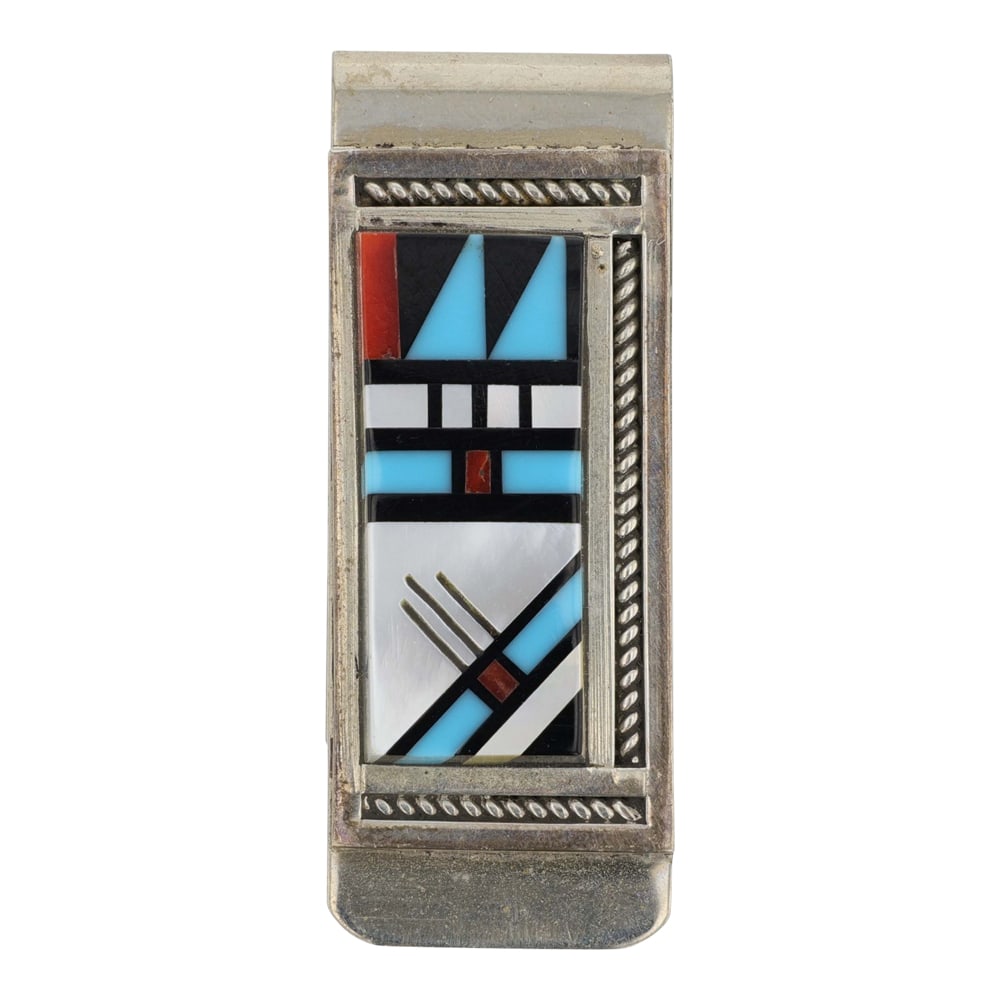 Zuni Turquoise Coral Acoma Jet & Mother of Pearl Inlay Sterling Silver on Nickel Money Clip: Sterling Silver | Genuine Turquoise, Coral, Acoma Jet & Mother of Pearl | Zuni Turquoise Coral Acoma Jet & Mother of Pearl Inlay Sterling Silver on Nickel Money Clip | Zuni Native American Southwest I