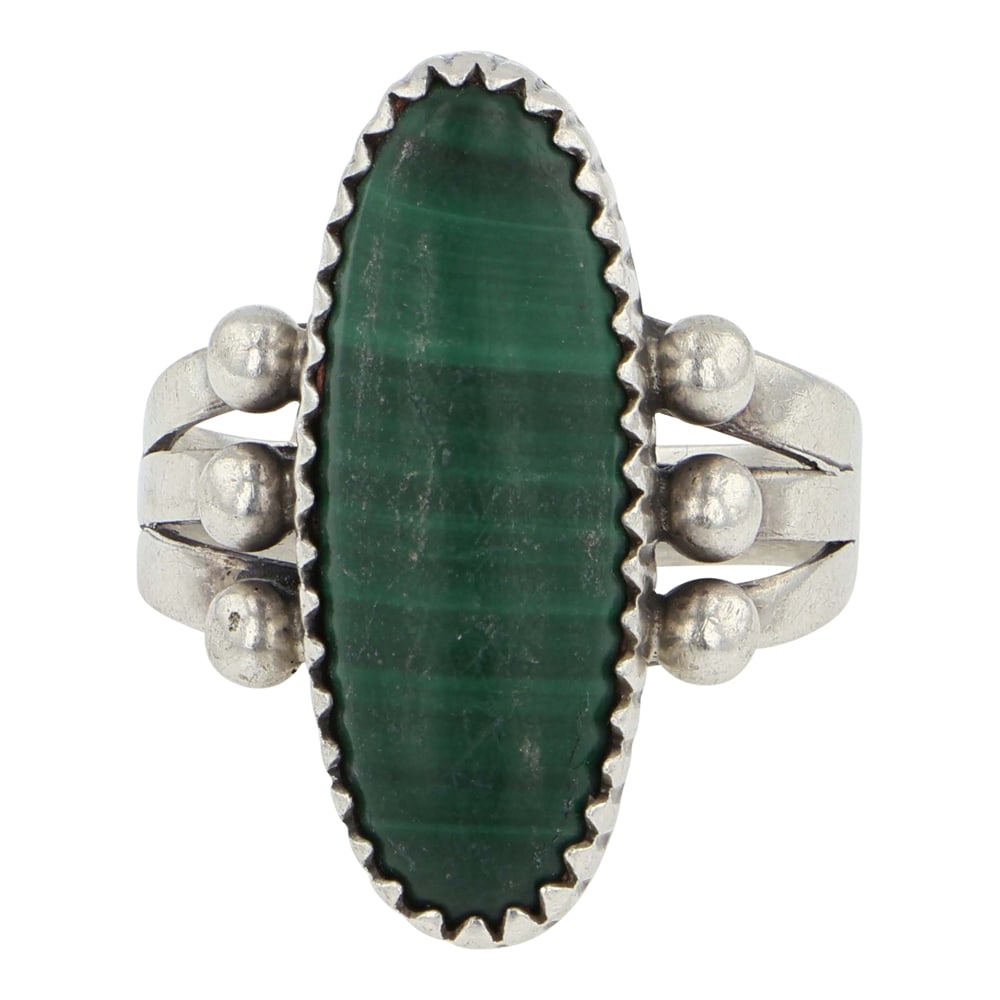 Navajo Malachite Ring: Sterling Silver | Genuine Malachite | Navajo Malachite Ring | Navajo Native American Southwest Indian Jewelry | Good (no breaks or damages) | Approximate Weight: 5 Grams | Ring: 5.5 size, .75" x .5" f