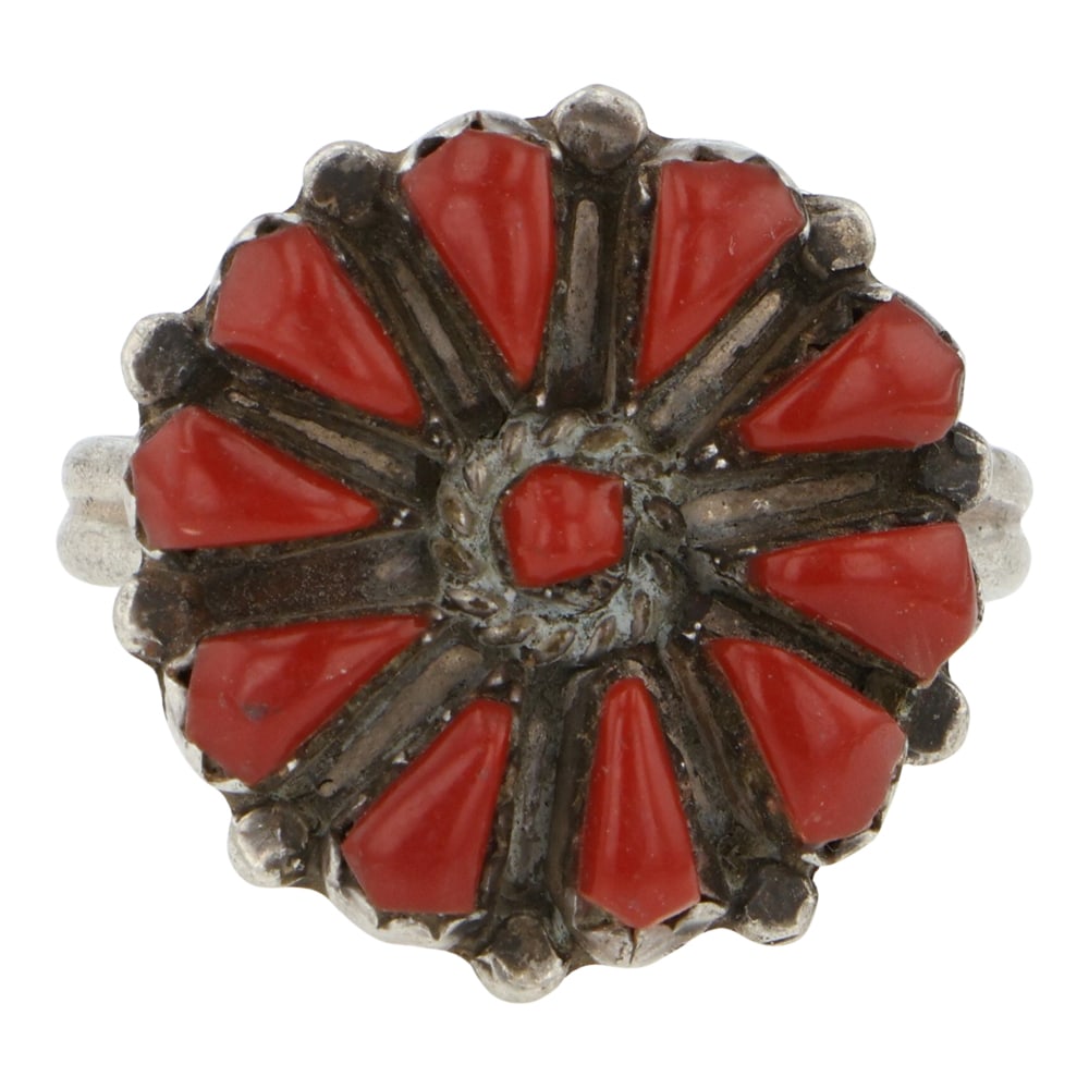 Vintage Zuni Coral Cluster Ring: Sterling Silver | Genuine Coral | Vintage Zuni Coral Cluster Ring | Zuni Native American Southwest Indian Jewelry | Good (no breaks or damages) | Approximate Weight: 3 Grams | Ring: 9 size, .75" x .75