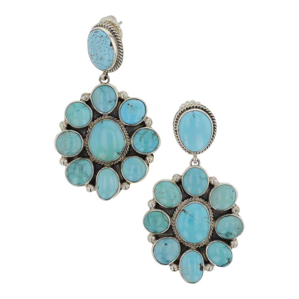 Renell Perry Navajo Lone Mountain Turquoise Cluster Earrings: Sterling Silver | Genuine Lone Mountain Turquoise | Renell Perry Navajo Lone Mountain Turquoise Cluster Earrings | Navajo Native American Southwest Indian Jewelry | Good (no breaks or damages) | Appro