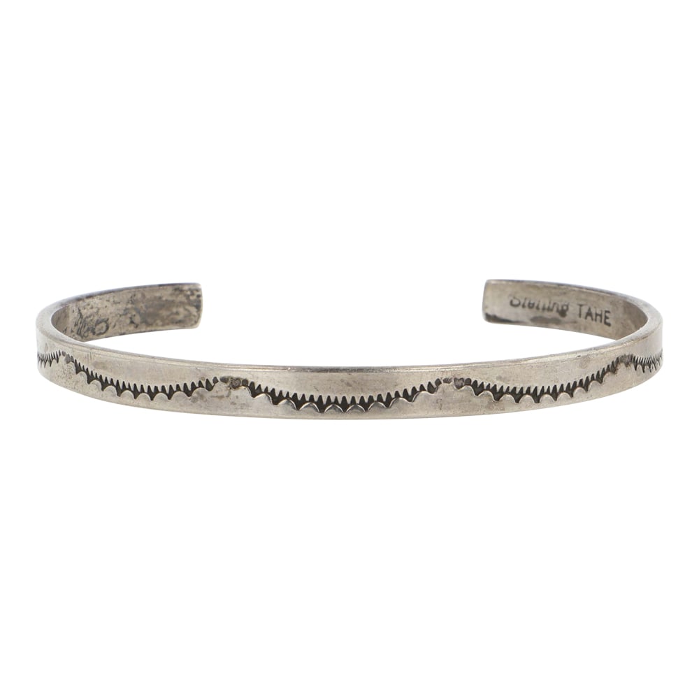 Navajo Taje Stamp-Work Bracelet: Sterling Silver | | Navajo Taje Stamp-Work Bracelet | Navajo Native American Southwest Indian Jewelry | Good (no breaks or damages) | Approximate Weight: 10 Grams | Bracelet: 5.25" inner, 1" gap, 6.25