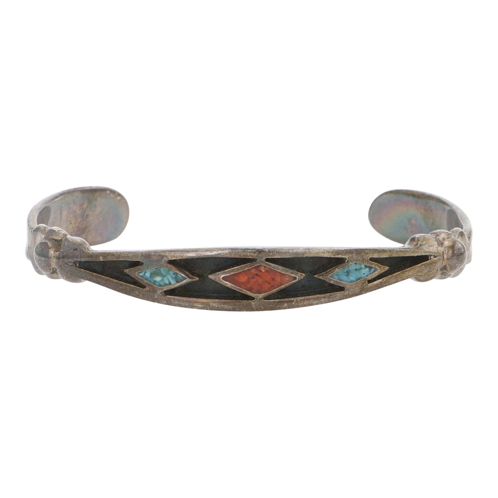 Vintage Navajo Turquoise & Coral Chip Inlay bracelet: Sterling Silver | Genuine Turquoise & Coral | Vintage Navajo Turquoise & Coral Chip Inlay bracelet | Navajo Native American Southwest Indian Jewelry | Good (no breaks or damages) | Approximate Weight:
