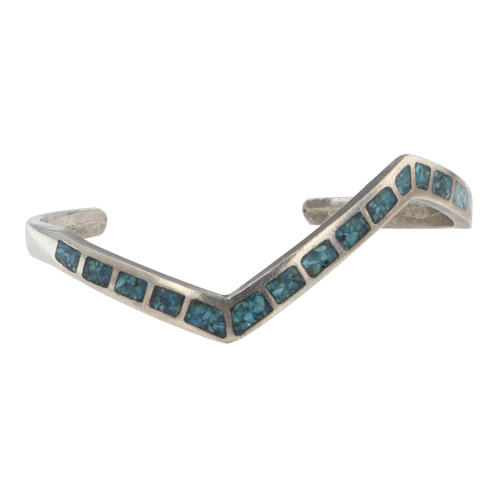 Vintage Navjao Turquoise Chip Inlay Bracelet: Sterling Silver | Genuine Turquoise | Vintage Navjao Turquoise Chip Inlay Bracelet | Navajo Native American Southwest Indian Jewelry | Good (no breaks or damages) | Approximate Weight: 12 Grams | Brac