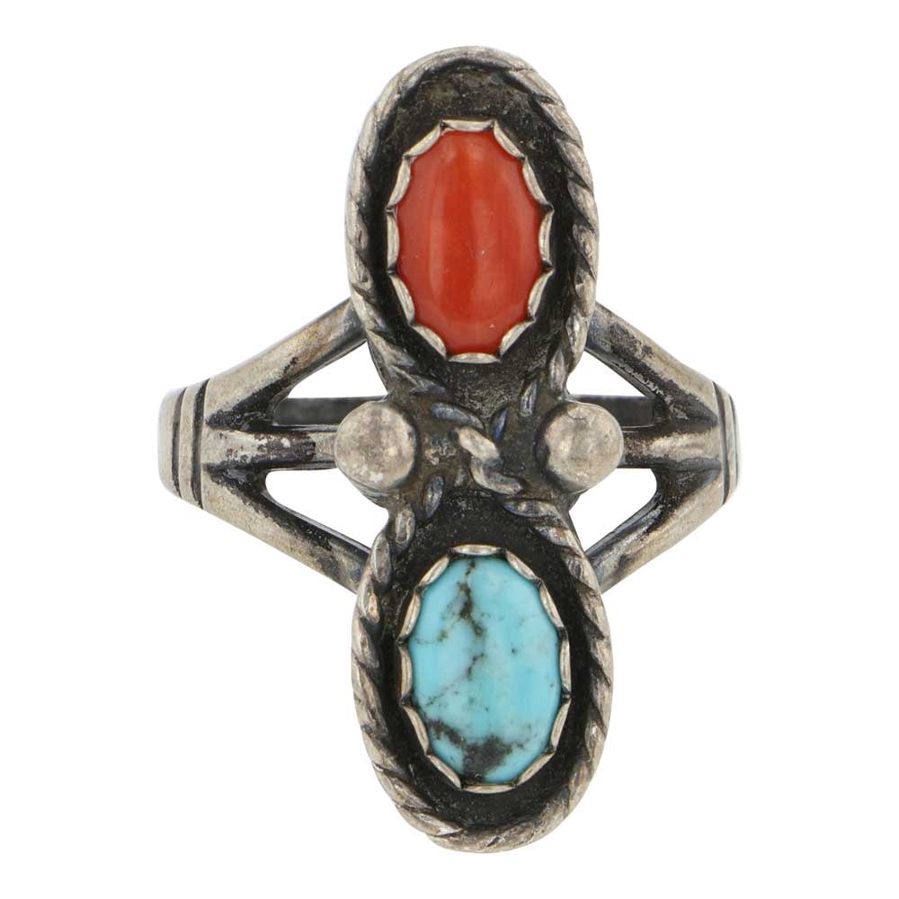Vintage Navajo Turquoise & Coral Two Stone Ring: Sterling Silver | Genuine Turquoise & Coral | Vintage Navajo Turquoise & Coral Two Stone Ring | Navajo Native American Southwest Indian Jewelry | Good (no breaks or damages) | Approximate Weight: 7