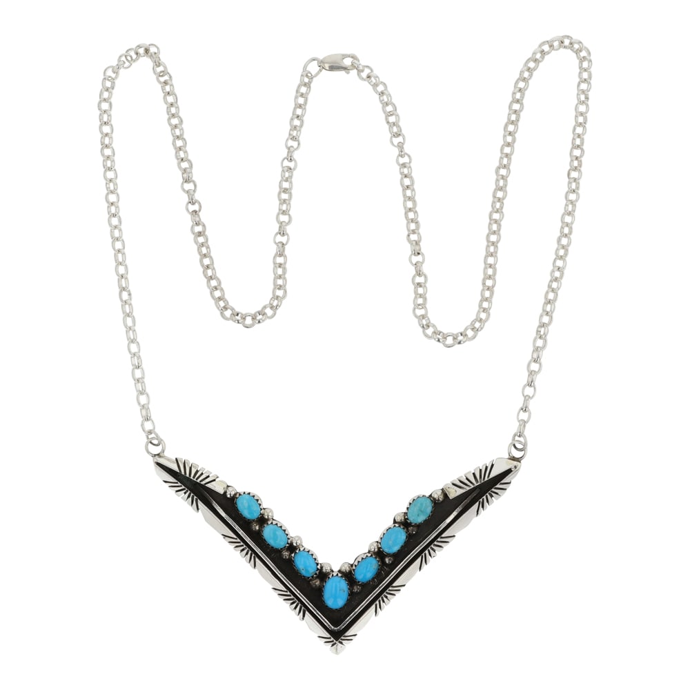 Ben Yezzie Navjao Kingman Turquoise V Necklace: Sterling Silver | Genuine Kingman Turquoise | Ben Yezzie Navjao Kingman Turquoise V Necklace | Navajo Native American Southwest Indian Jewelry | Good (no breaks or damages) | Approximate Weight: 37 Gr