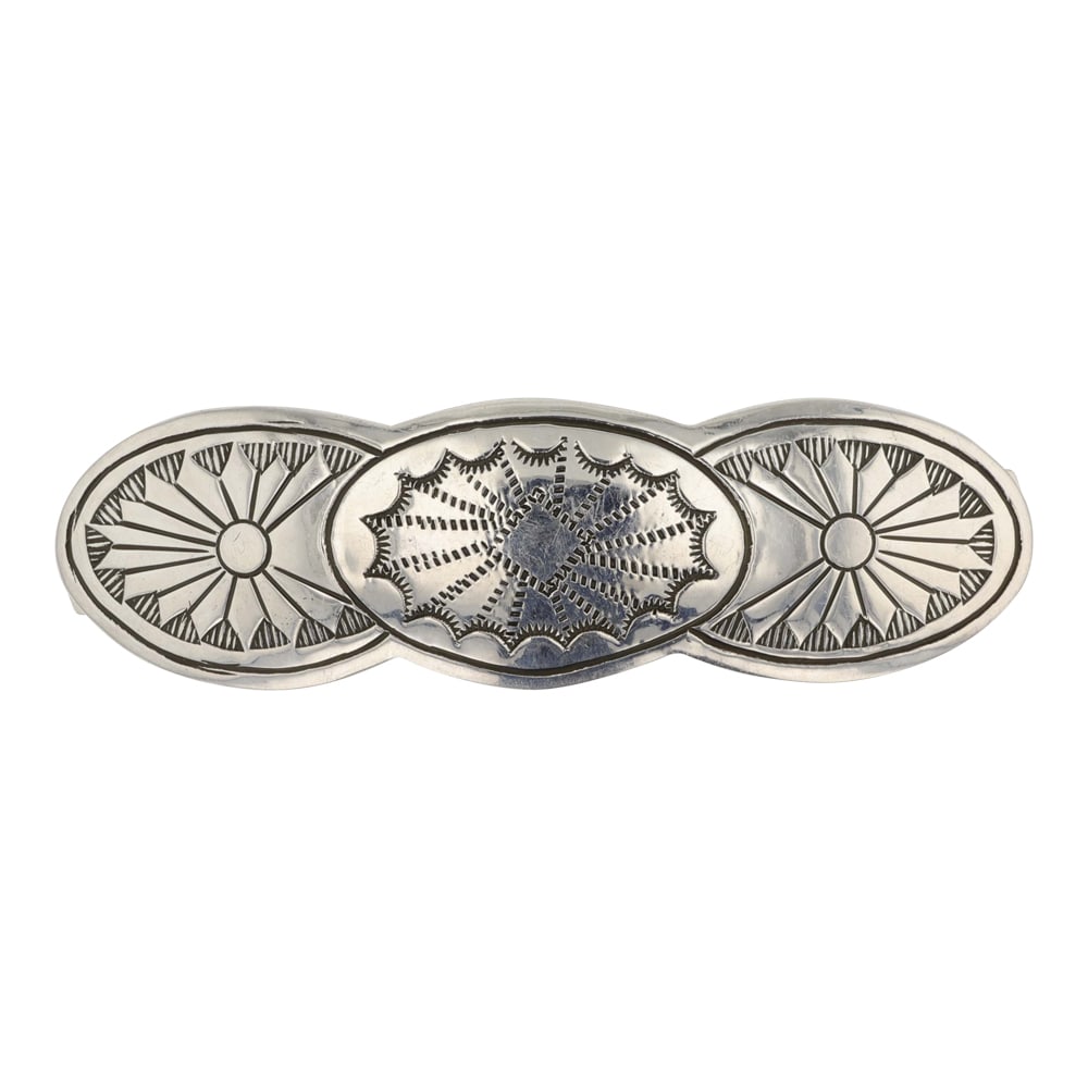 Navajo Stamp-Work Hair Barrette: Sterling Silver | | Navajo Stamp-Work Hair Barrette | Navajo Native American Southwest Indian Jewelry | Good (no breaks or damages) | Approximate Weight: 17 Grams | Hair Clip: 3" x .75" | Signed: JEM
