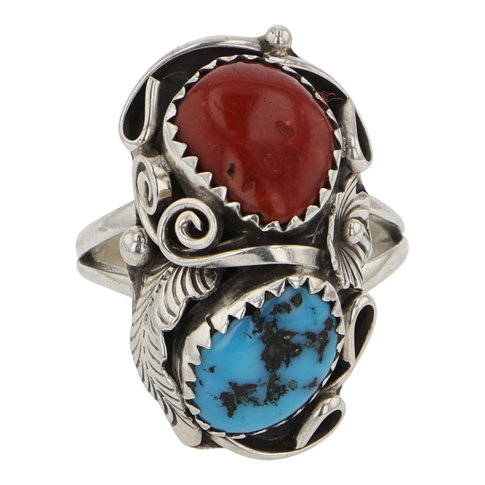Navajo Turquoise & Coral Ring: Sterling Silver | Genuine Turquoise & Coral | Navajo Turquoise & Coral Ring | Navajo Native American Southwest Indian Jewelry | Good (no breaks or damages) | Approximate Weight: 5 Grams | Ring: 6 size