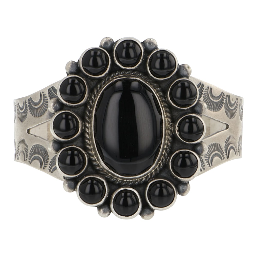 Randy Boyd Navajo Stamp-Work & Cluster Black Onyx Bracelet: Sterling Silver | Genuine Black Onyx | Randy Boyd Navajo Stamp-Work & Cluster Black Onyx Bracelet | Navajo Native American Southwest Indian Jewelry | Good (no breaks or damages) | Approximate Weight: 