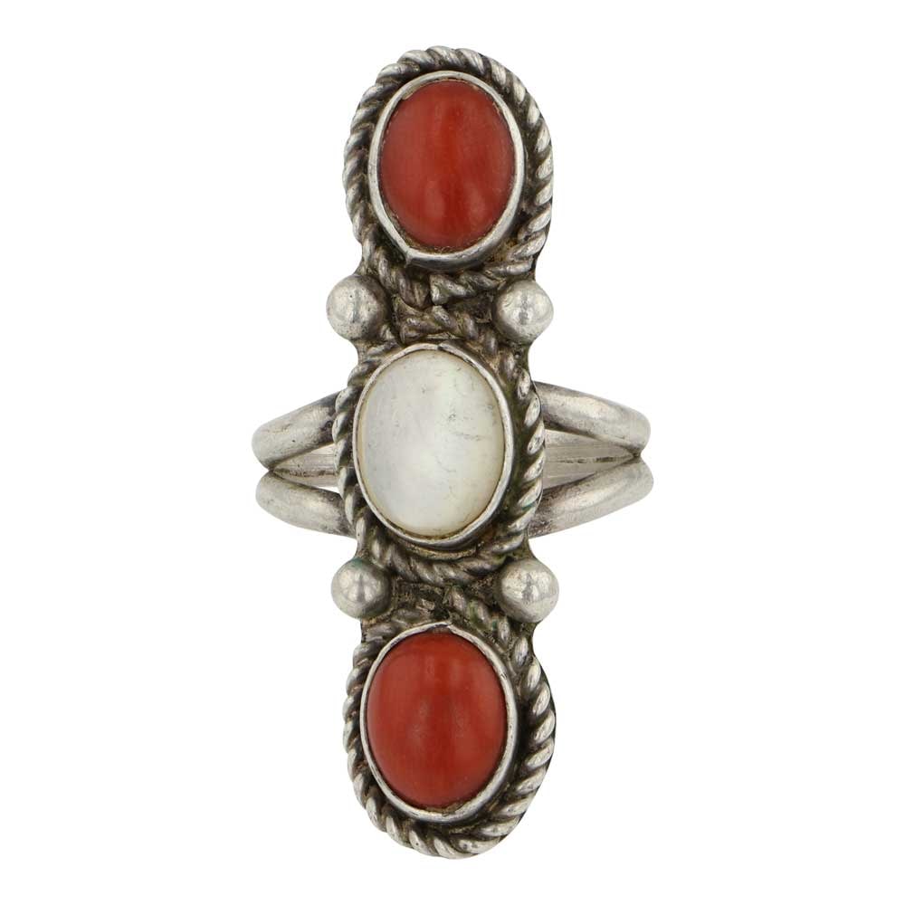 Vintage Navajo Coral & Mother of Pearl Ring: Sterling Silver | Genuine Coral & Mother of Pearl | Vintage Navajo Coral & Mother of Pearl Ring | Navajo Native American Southwest Indian Jewelry | Good (no breaks or damages) | Approximate Weight: 10