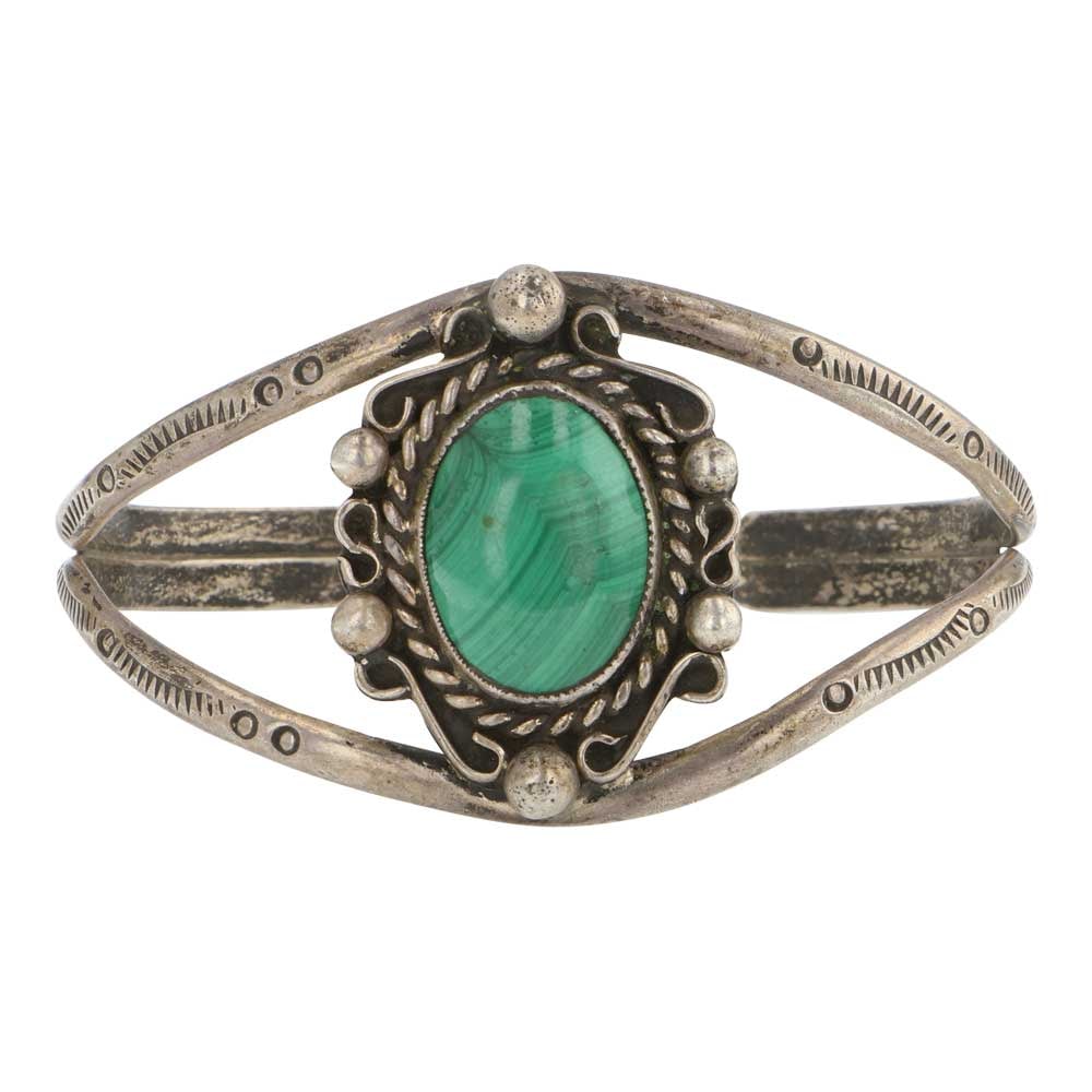 Vintage Navjao Malachite Cuff Bracelet: Sterling Silver | Genuine Malachite | Vintage Navjao Malachite Cuff Bracelet | Navajo Native American Southwest Indian Jewelry | Good (no breaks or damages) | Approximate Weight: 18 Grams | Bracelet: 