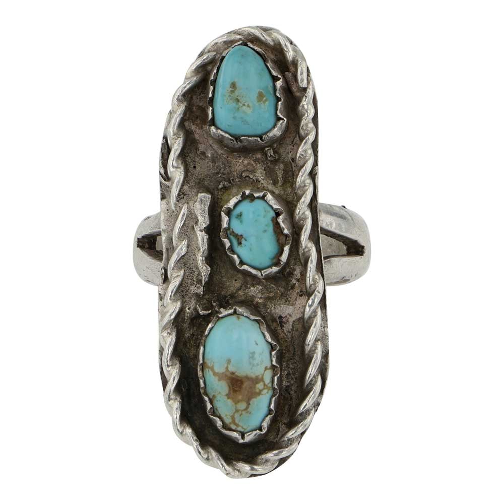 Vintage Navajo Nevada Turquoise Three Stone Ring: Sterling Silver | Genuine Nevada Turquoise | Vintage Navajo Nevada Turquoise Three Stone Ring | Navajo Native American Southwest Indian Jewelry | Good (no breaks or damages) | Approximate Weight: 10 G