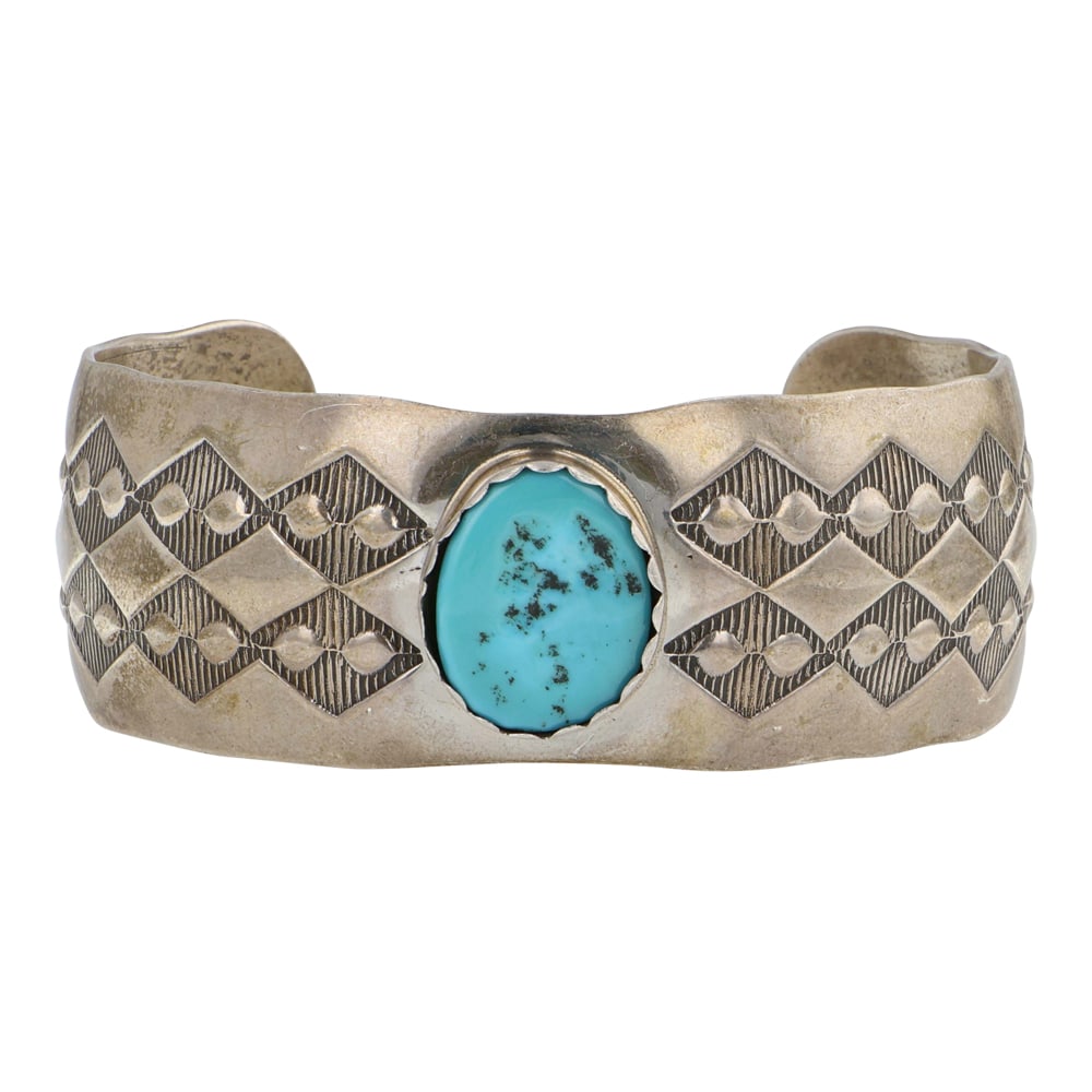 Larry Sandoval Navajo Kingman Turquoise Stamp-Work Bracelet: Sterling Silver | Genuine Kingman Turquoise | Larry Sandoval Navajo Kingman Turquoise Stamp-Work Bracelet | Navajo Native American Southwest Indian Jewelry | Good (no breaks or damages) | Approximate 