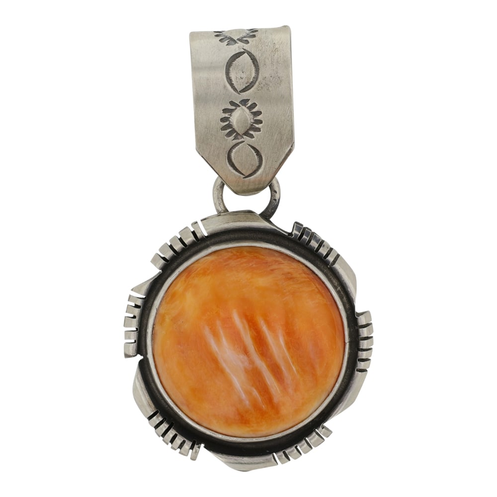 Jameson Garcia Navjao Spiny Oyster Pendant: Sterling Silver | Genuine Spiny Oyster | Jameson Garcia Navjao Spiny Oyster Pendant | Navajo Native American Southwest Indian Jewelry | Good (no breaks or damages) | Approximate Weight: 9 Grams | Pend