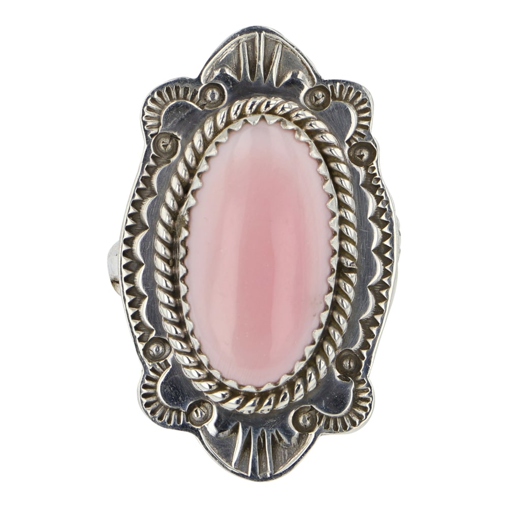 Joe Piaso Jr. Navajo Pink Conch Ring: Sterling Silver | Genuine Pink Conch | Joe Piaso Jr. Navajo Pink Conch Ring | Navajo Native American Southwest Indian Jewelry | Good (no breaks or damages) | Approximate Weight: 9 Grams | Ring: 7.5 si