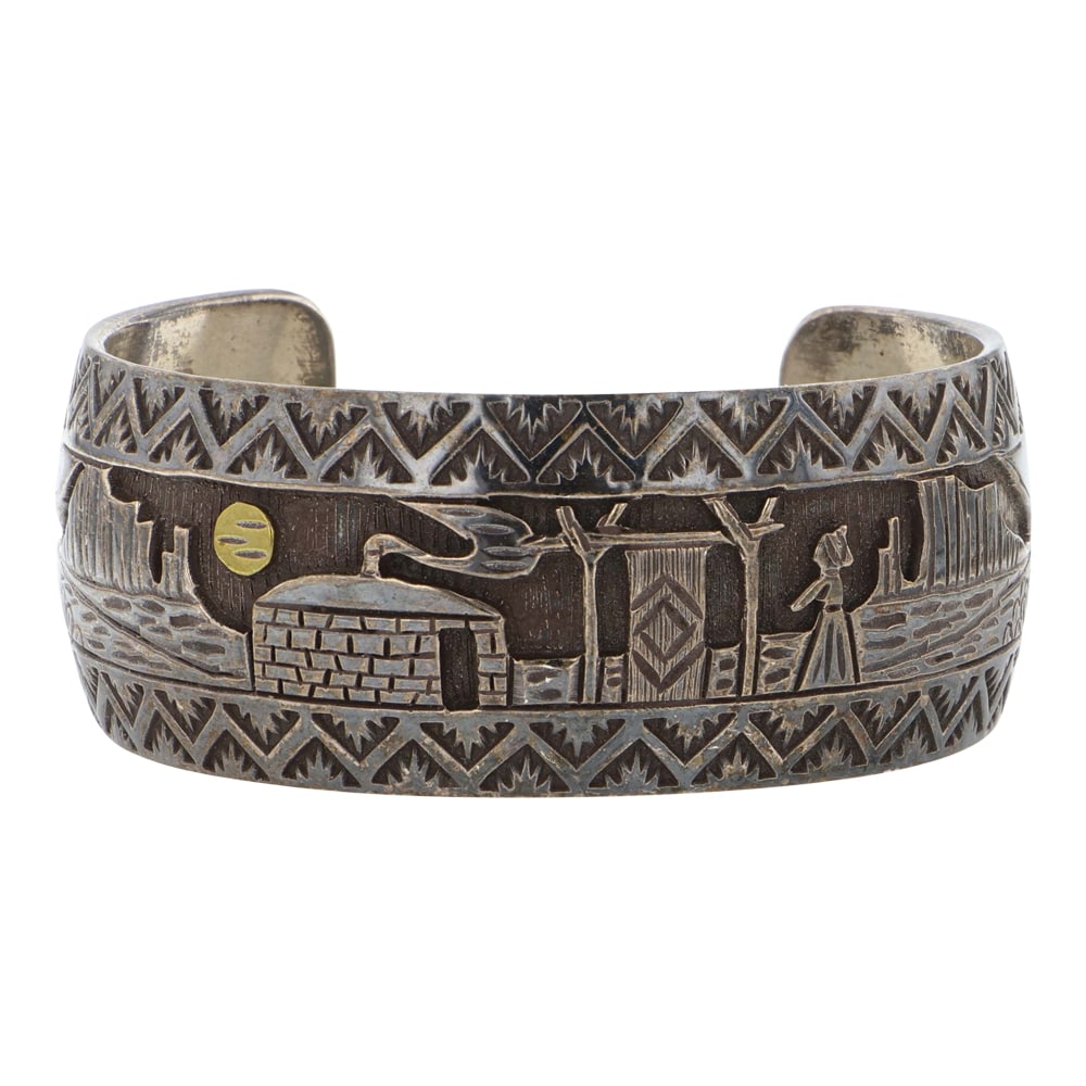 Lorenzo Secatero Navajo Story Teller Cuff Bracelet: Sterling Silver | | Lorenzo Secatero Navajo Story Teller Cuff Bracelet | Navajo Native American Southwest Indian Jewelry | Good (no breaks or damages) | Approximate Weight: 48 Grams | Bracelet: 5.25" 