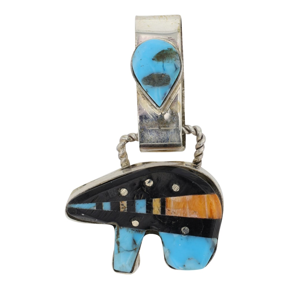 Ray Jack Navajo Turquoise Spiny Oyster & Jet Inlay Bear Pendant (1 of 2)