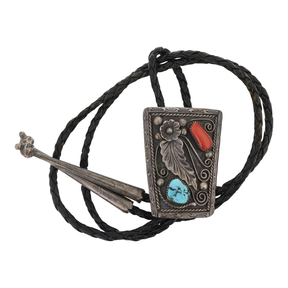 Vintage Navajo Turquoise & Coral: Sterling Silver | Genuine Turquoise & Coral | Vintage Navajo Turquoise & Coral | Navajo Native American Southwest Indian Jewelry | Good (no breaks or damages) | Approximate Weight: 49 Grams | Bolo: 19
