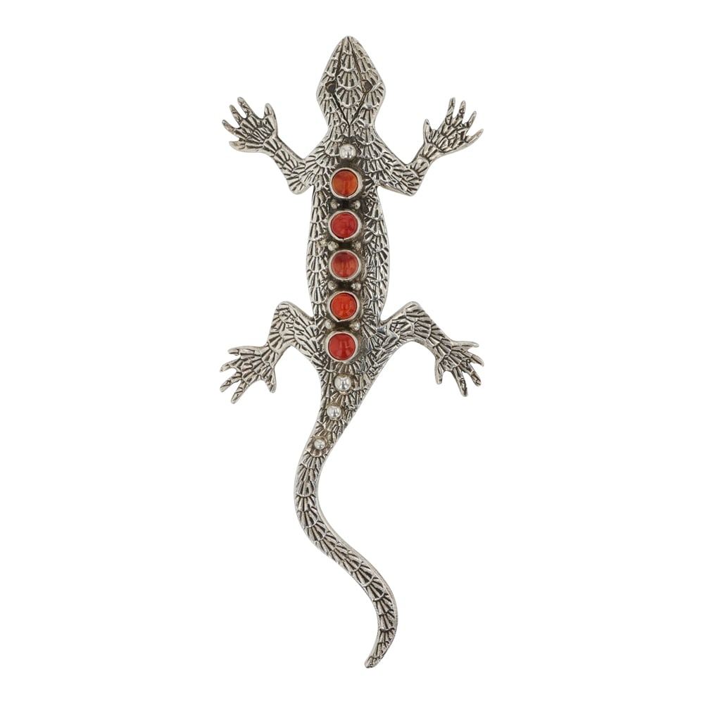 Lee Charley Award Winning Navajo Artist Mediterranean Coral Gecko Pin / Pendant: Sterling Silver | Genuine Coral | Lee Charley Award Winning Navajo Artist Mediterranean Coral Gecko Pin / Pendant | Navajo Native American Southwest Indian Jewelry | Good (no breaks or damages) | Appr