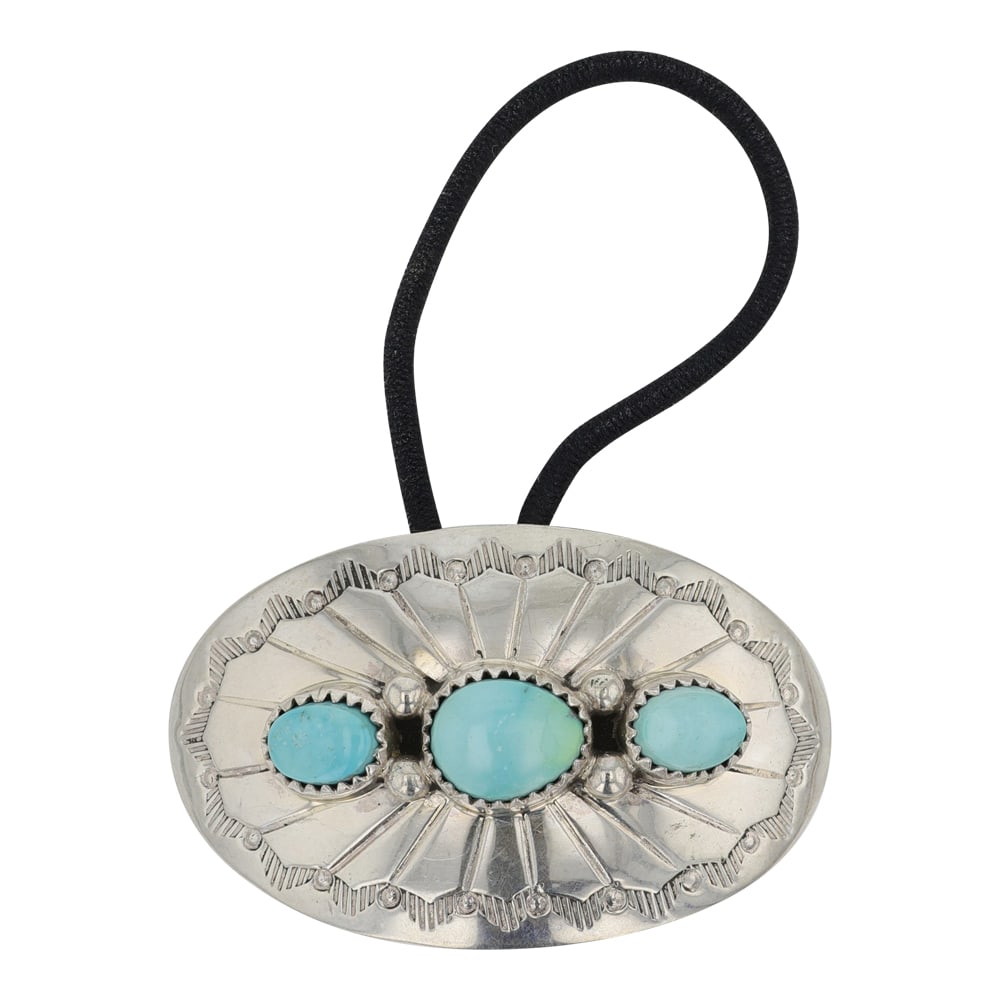 Wilson Padilla Navajo Campitos Turquoise Ponytail Hair Tie: Sterling Silver | Genuine Campitos Turquoise | Wilson Padilla Navajo Campitos Turquoise Ponytail Hair Tie | Navajo Native American Southwest Indian Jewelry | Good (no breaks or damages) | Approximate 