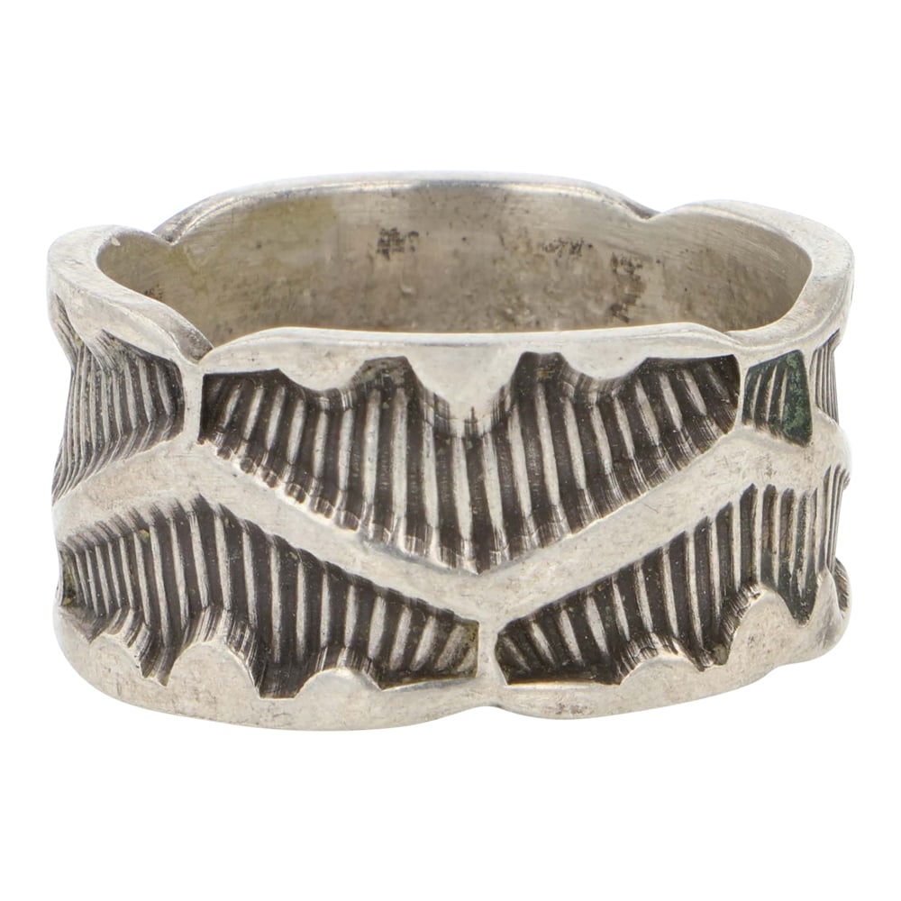 Vintage Navajo Sterling Silver Stamp-Work Ring: Sterling Silver | | Vintage Navajo Sterling Silver Stamp-Work Ring | Navajo Native American Southwest Indian Jewelry | Good (no breaks or damages) | Approximate Weight: 8 Grams | Ring: 9.5 size, .5" f