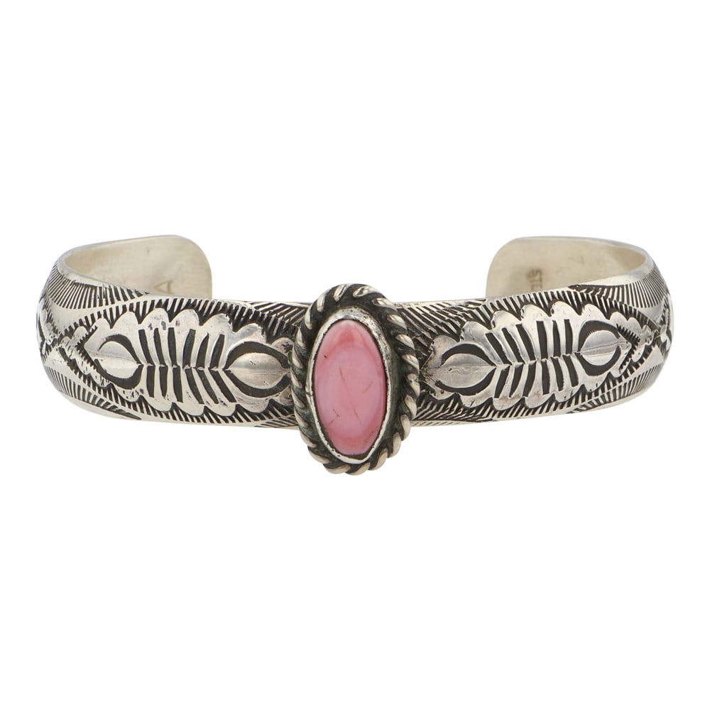 Navajo Pink Conch Stamp-Work Bracelet: Sterling Silver | Genuine Pink Conch | Navajo Pink Conch Stamp-Work Bracelet | Navajo Native American Southwest Indian Jewelry | Good (no breaks or damages) | Approximate Weight: 21 Grams | Bracelet: 