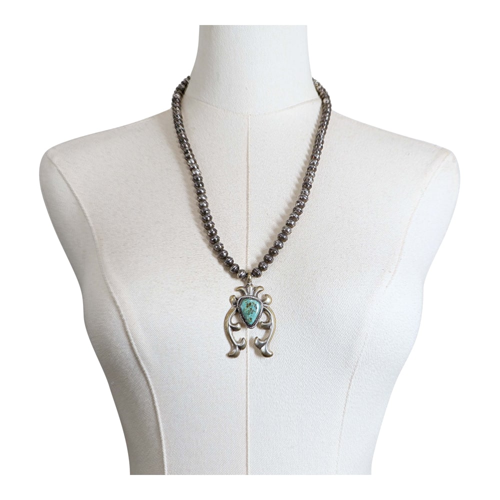 Vintage Navajo Nevada Turquoise Naja Pendant on Bench Beads Necklace: Sterling Silver | Genuine Nevada Turquoise | Vintage Navajo Nevada Turquoise Naja Pendant on Bench Beads Necklace | Navajo Native American Southwest Indian Jewelry | Good (no breaks or damages) | Appr