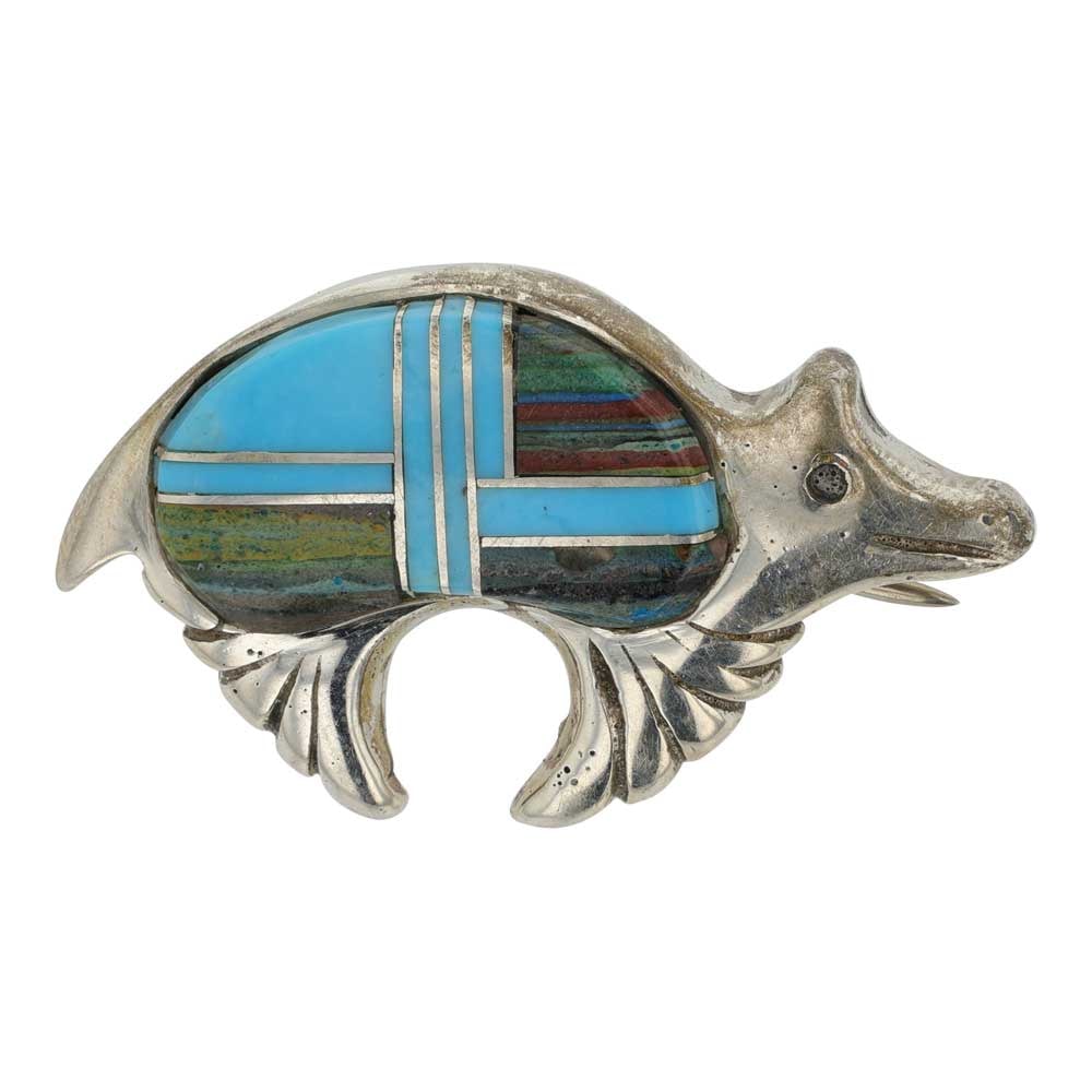 Navajo Turquoise & Shell Inlay Bear Pin: Sterling Silver | Genuine Turquoise & Shell | Navajo Turquoise & Shell Inlay Bear Pin | Navajo Native American Southwest Indian Jewelry | Good (no breaks or damages) | Approximate Weight: 7 Grams | Pi