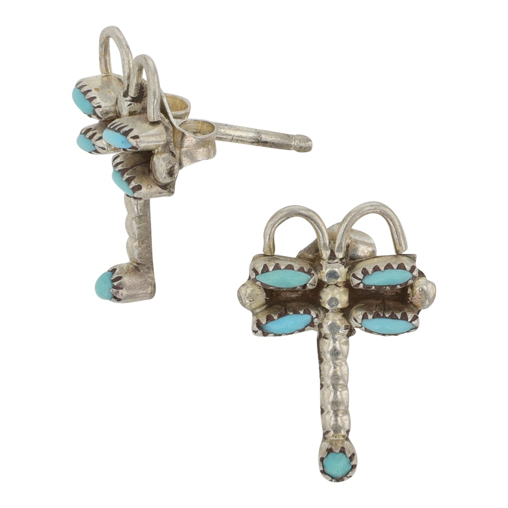 Vintage Zuni Turquoise Dragonfly Earrings: Sterling Silver | Genuine Turquoise | Vintage Zuni Turquoise Dragonfly Earrings | Zuni Native American Southwest Indian Jewelry | Good (no breaks or damages) | Approximate Weight: 1 Grams | Earrings: 