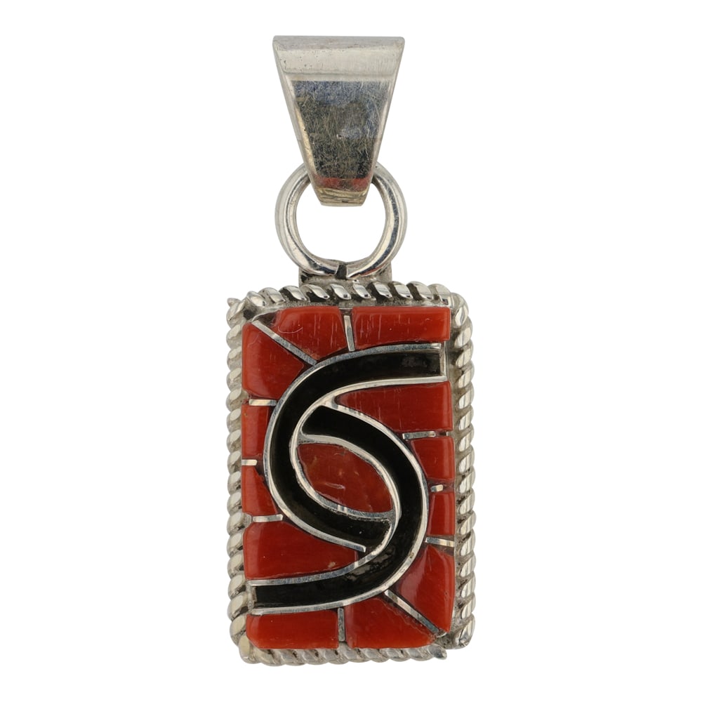 Amy Quandelacy Zuni Mediterranean Coral Inlay Pendant: Sterling Silver | Genuine Mediterranean Coral | Amy Quandelacy Zuni Mediterranean Coral Inlay Pendant | Zuni Native American Southwest Indian Jewelry | Fair (slight chip in top left coral ) Estimate r