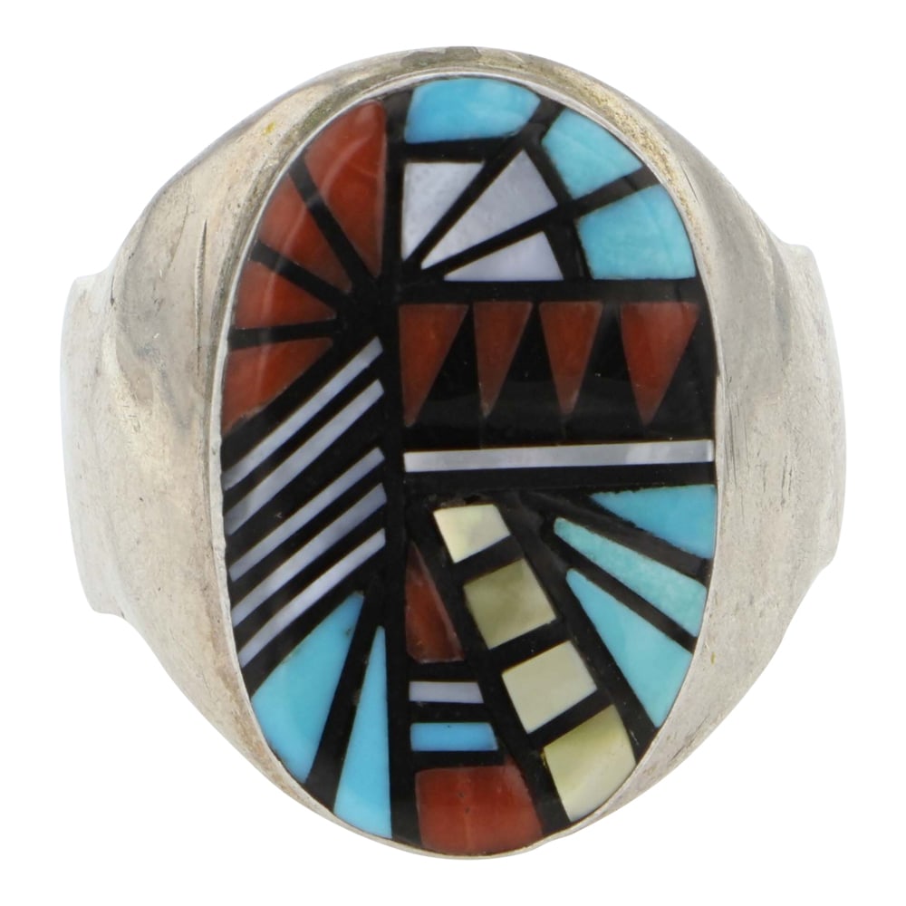 Angelena Laahty Vintage Zuni Turquoise Coral Acoma Jet & Mother of Pearl Inlay Ring: Sterling Silver | Genuine Turquoise, Coral, Acoma Jet & Mother of Pearl | Angelena Laahty Vintage Zuni Turquoise Coral Acoma Jet & Mother of Pearl Inlay Ring | Zuni Native American Southwest Indian Je