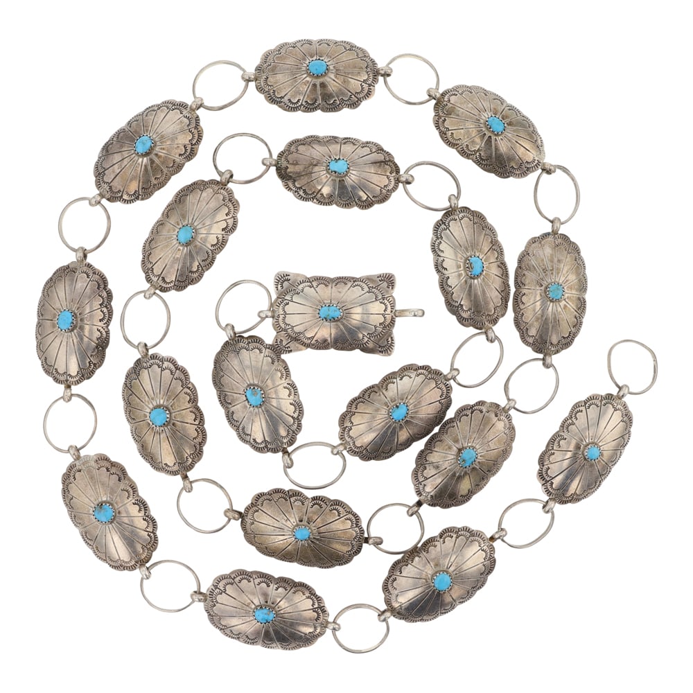 Andrew Johsnon Navajo Kingman Turquoise Stamp-Work Link Concho Belt: Sterling Silver | Genuine Kingman Turquoise | Andrew Johsnon Navajo Kingman Turquoise Stamp-Work Link Concho Belt | Navajo Native American Southwest Indian Jewelry | Good (no breaks or damages) | Appr