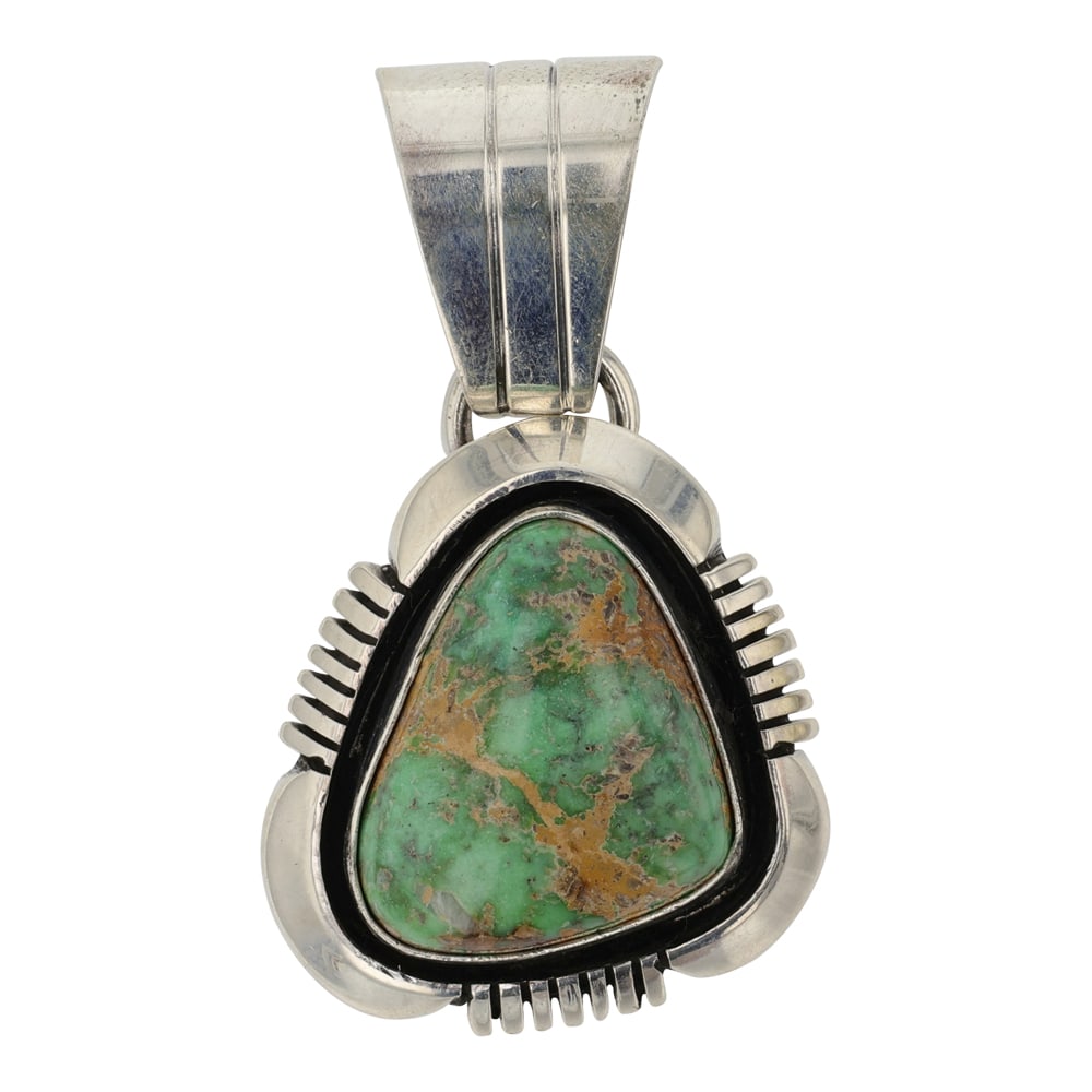 Cooper Willie Navajo Carico Lake Turquoise Pendant: Sterling Silver | Genuine Carico Lake Turquoise | Cooper Willie Navajo Carico Lake Turquoise Pendant | Navajo Native American Southwest Indian Jewelry | Good (no breaks or damages) | Approximate Weigh