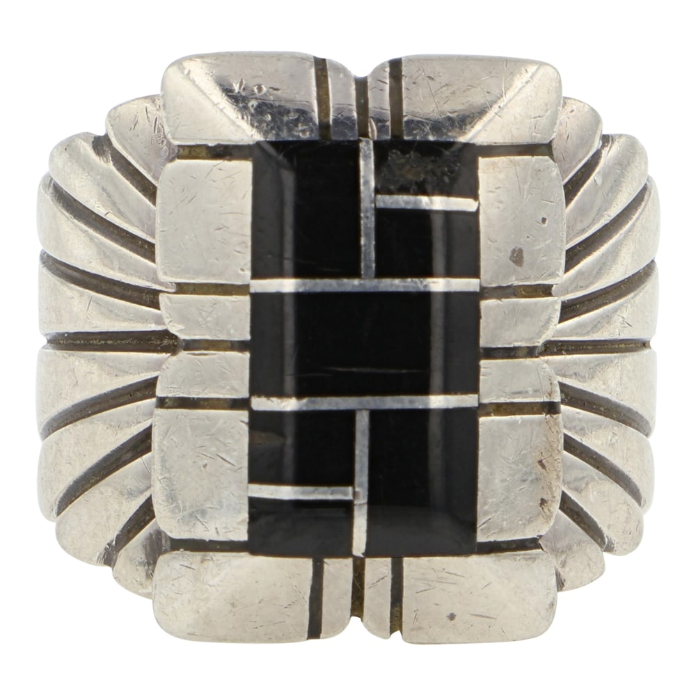 Navajo Acoma Jet Inlay Ring: Sterling Silver | Genuine Acoma Jet | Navajo Acoma Jet Inlay Ring | Navajo Native American Southwest Indian Jewelry | Good (no breaks or damages) | Approximate Weight: 11 Grams | Ring: 10 size, .75" x