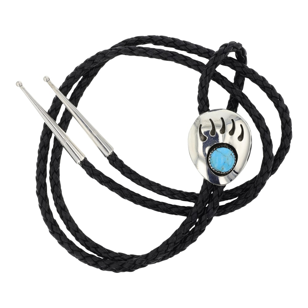 Navajo Kingman Turquoise Bear Paw Bolo Ti e: Sterling Silver | Genuine Kingman Turquoise | Navajo Kingman Turquoise Bear Paw Bolo Ti e | Navajo Native American Southwest Indian Jewelry | Good (no breaks or damages) | Approximate Weight: 22 Grams