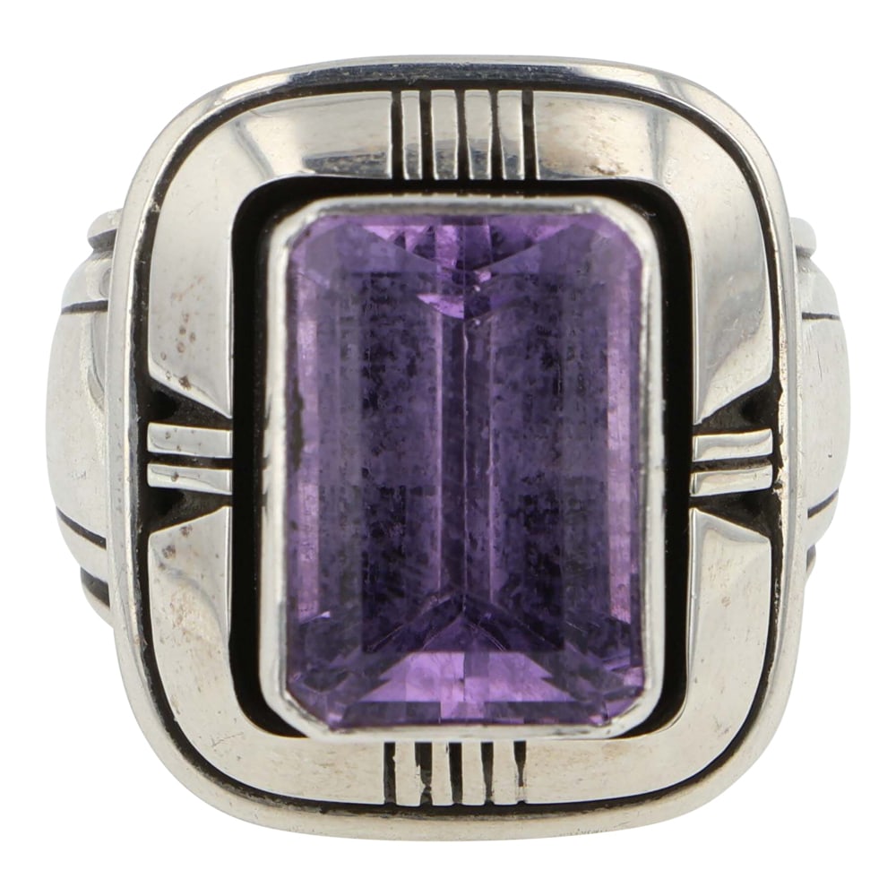 Micheal Thomas Navajo Amethyst Ring: Sterling Silver | Amethyst | Micheal Thomas Navajo Amethyst Ring | Navajo Native American Southwest Indian Jewelry | Good (no breaks or damages) | Approximate Weight: 14 Grams | Ring: 8.5 size (adjust