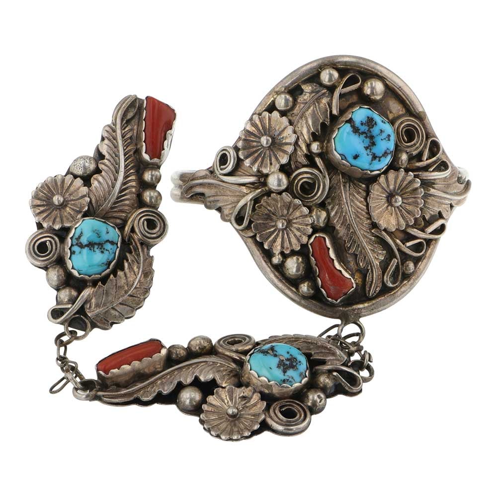 Althea Latome Navajo Turquoise & Coral Slave Bracelet: Sterling Silver | Genuine Turquoise & Coral | Althea Latome Navajo Turquoise & Coral Slave Bracelet | Navajo Native American Southwest Indian Jewelry | Good (no breaks or damages) | Approximate Weight