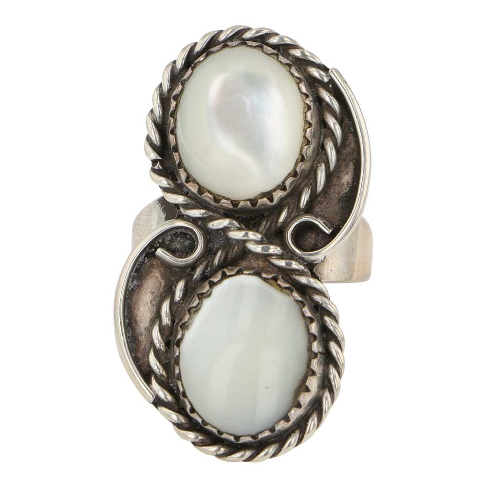 Navajo Mother of Pearl Two Stone Ring: Sterling Silver | Genuine Mother of Pearl | Navajo Mother of Pearl Two Stone Ring | Navajo Native American Southwest Indian Jewelry | Good (no breaks or damages) | Approximate Weight: 6 Grams | Ring: 