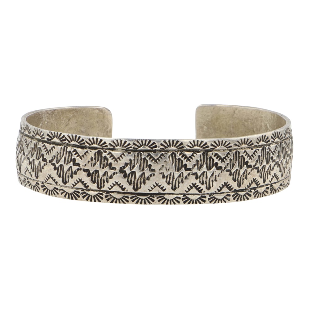 Vintage Navajo Stamp-Work Cuff Bracelet: Sterling Silver | | Vintage Navajo Stamp-Work Cuff Bracelet | Navajo Native American Southwest Indian Jewelry | Good (no breaks or damages) | Approximate Weight: 25 Grams | Bracelet: 5.5" inner, .75" 
