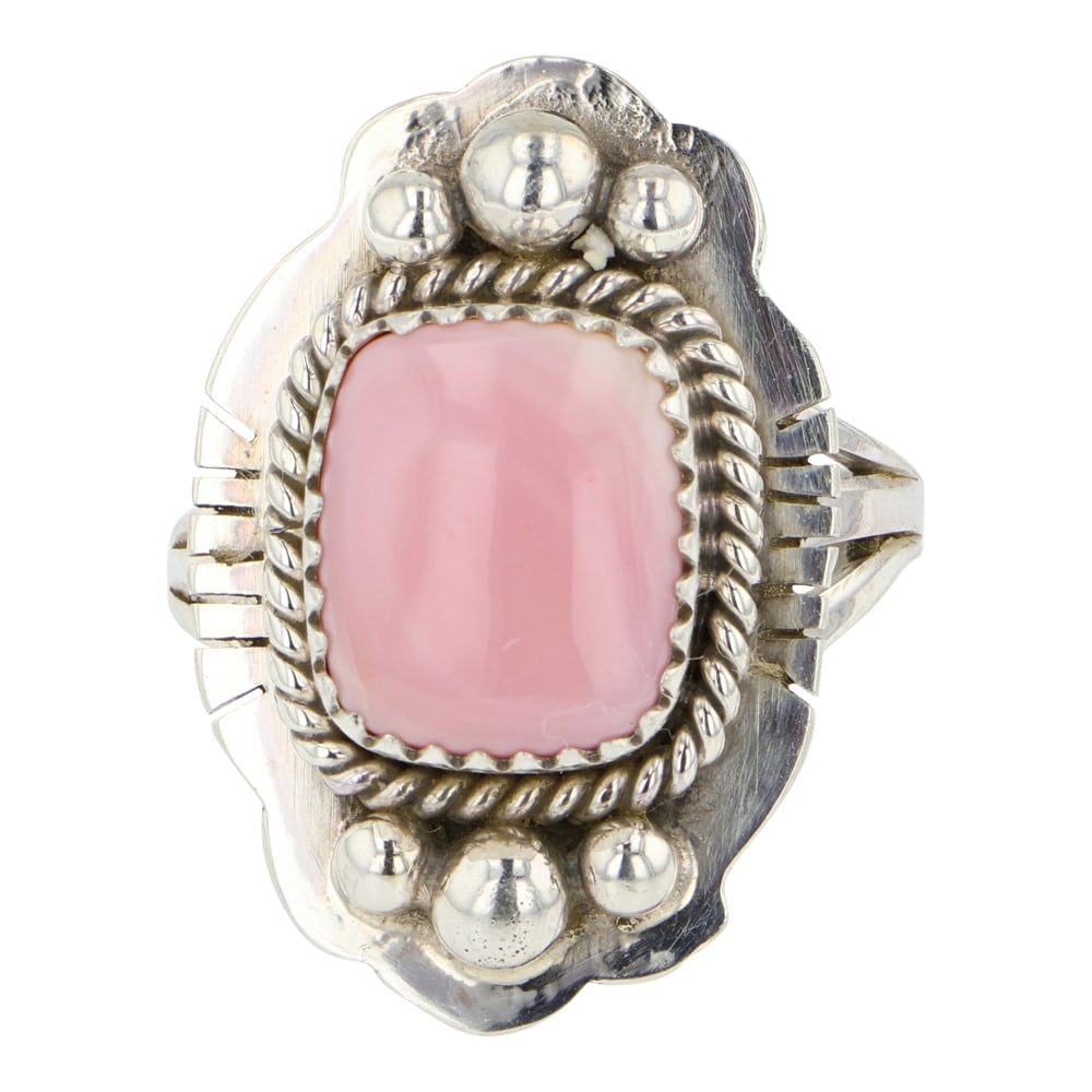 Joe Piaso Jr. Navajo Pink Conch Ring: Sterling Silver | Genuine Pink Conch | Joe Piaso Jr. Navajo Pink Conch Ring | Navajo Native American Southwest Indian Jewelry | Good (no breaks or damages) | Approximate Weight: 8 Grams | Ring: 8 size