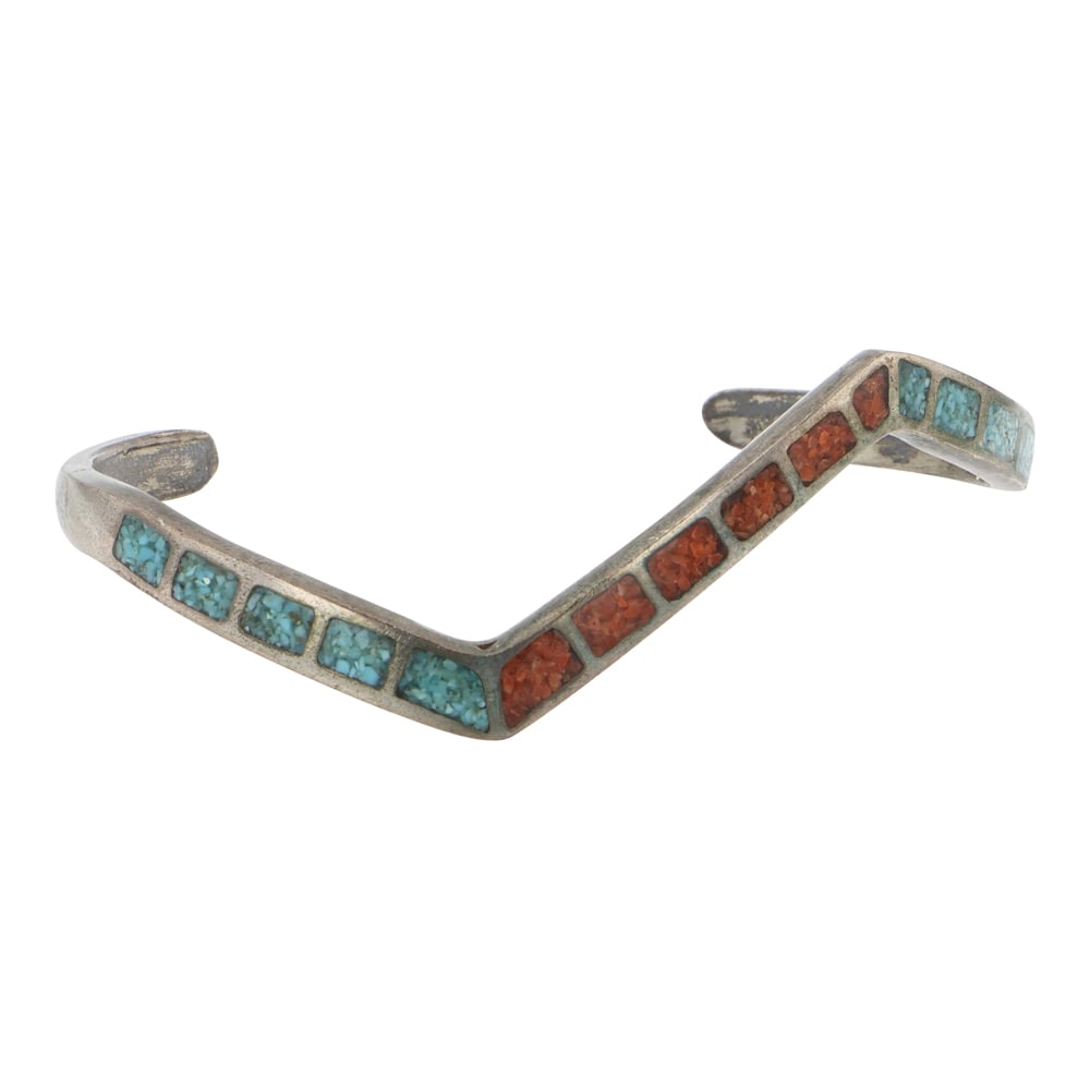 Vintage Navajo Turquoise & Coral Chip Inlay Bracelet: Sterling Silver | Genuine Turquoise & Coral | Vintage Navajo Turquoise & Coral Chip Inlay Bracelet | Navajo Native American Southwest Indian Jewelry | Good (no breaks or damages) | Approximate Weight: