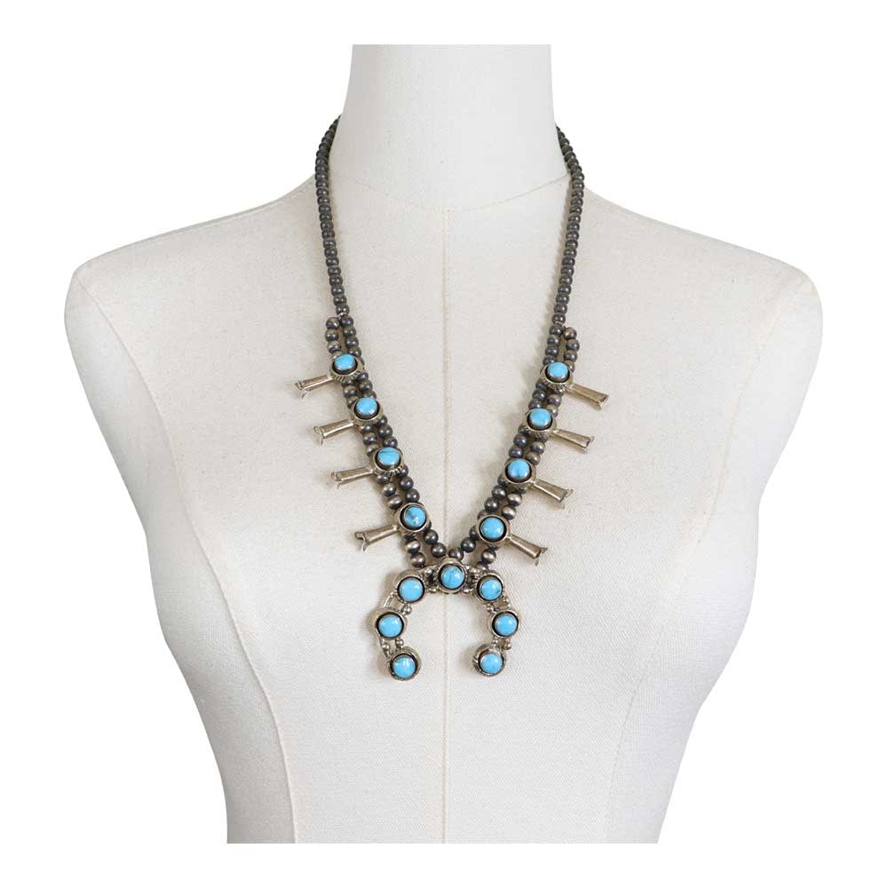 Navajo Kingman Turquoise Squash Blossom Neckalce: Sterling Silver | Genuine Kingman Turquoise | Navajo Kingman Turquoise Squash Blossom Neckalce | Navajo Native American Southwest Indian Jewelry | Good (no breaks or damages) | Approximate Weight: 81 