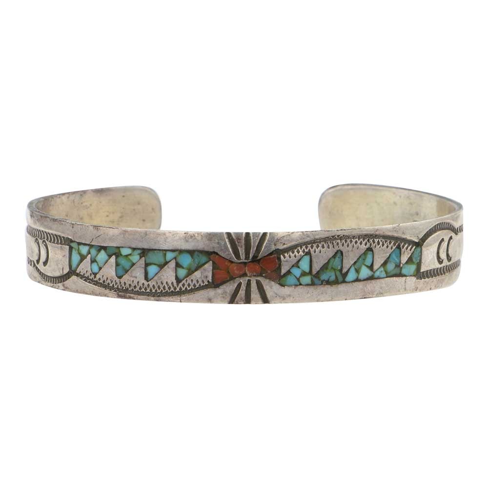 Gibson Gene Vintage Navajo Turquoise & Coral Chip Inlay Bracelet: Sterling Silver | Genuine Turquoise & Coral | Gibson Gene Vintage Navajo Turquoise & Coral Chip Inlay Bracelet | Navajo Native American Southwest Indian Jewelry | Good (no breaks or damages) | Approxi