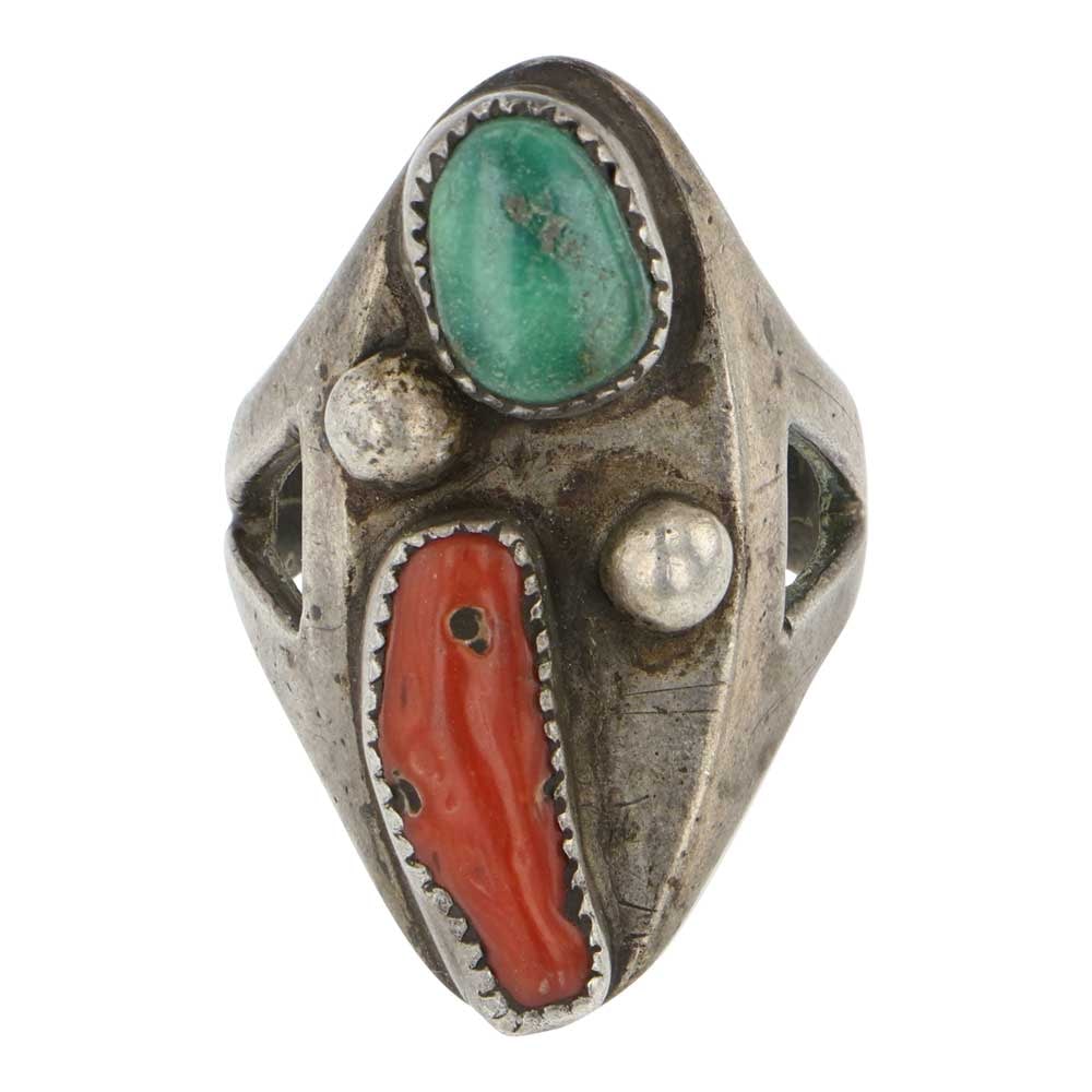 Vintage Navajo Turquoise & Coral Ring: Sterling Silver | Genuine Turquoise & Coral | Vintage Navajo Turquoise & Coral Ring | Navajo Native American Southwest Indian Jewelry | Good (no breaks or damages) | Approximate Weight: 10 Grams | Rin