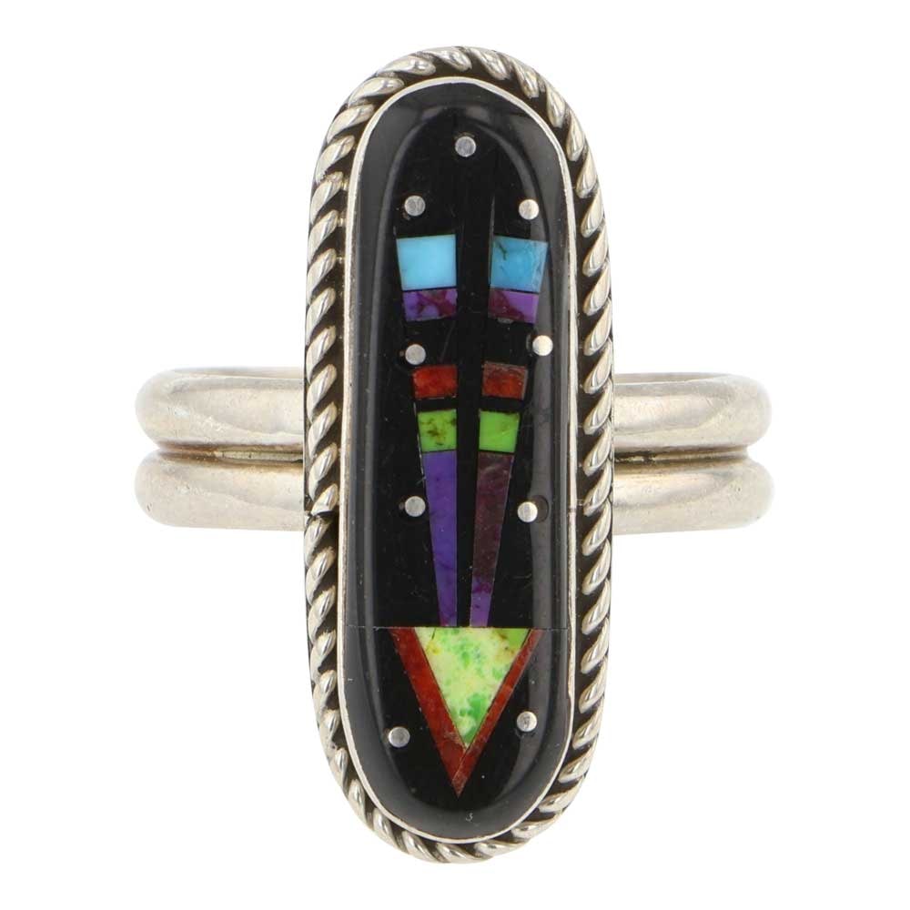 Navajo Turquoise Coral Gaspeite & Acoma Jet Inlay Ring: Sterling Silver | Genuine Turquoise, Coral, Gaspeite & Acoma Jet | Navajo Turquoise Coral Gaspeite & Acoma Jet Inlay Ring | Navajo Native American Southwest Indian Jewelry | Good (no breaks or damages