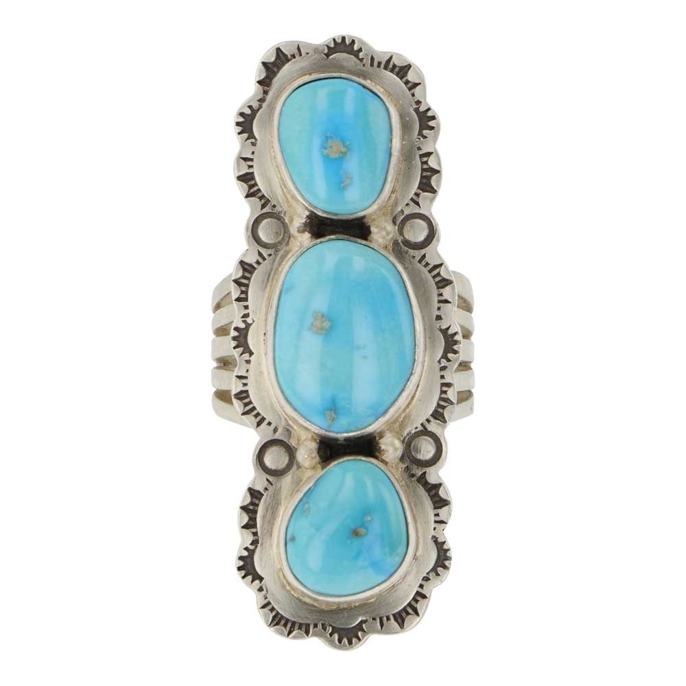 Navajo Lone Mountain Turquoise Three Stone Ring: Sterling Silver | Genuine Lone Mountain Turquoise | Navajo Lone Mountain Turquoise Three Stone Ring | Navajo Native American Southwest Indian Jewelry | Good (no breaks or damages) | Approximate Weight