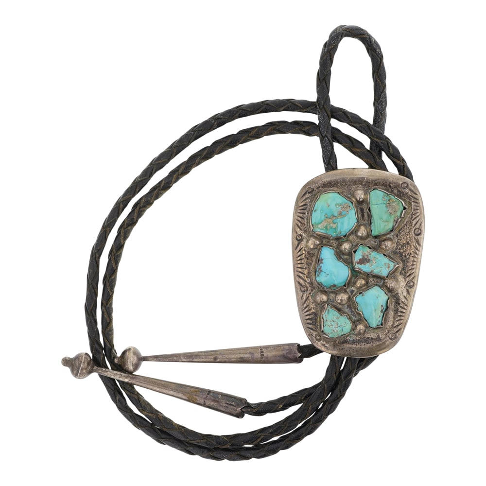 Vintage Navajo Nevada Turquoise Bolo Tie: Sterling Silver | Genuine Nevada Turquoise | Vintage Navajo Nevada Turquoise Bolo Tie | Navajo Native American Southwest Indian Jewelry | Fair ( Stone Crack in top right turquoise) Does not effect int