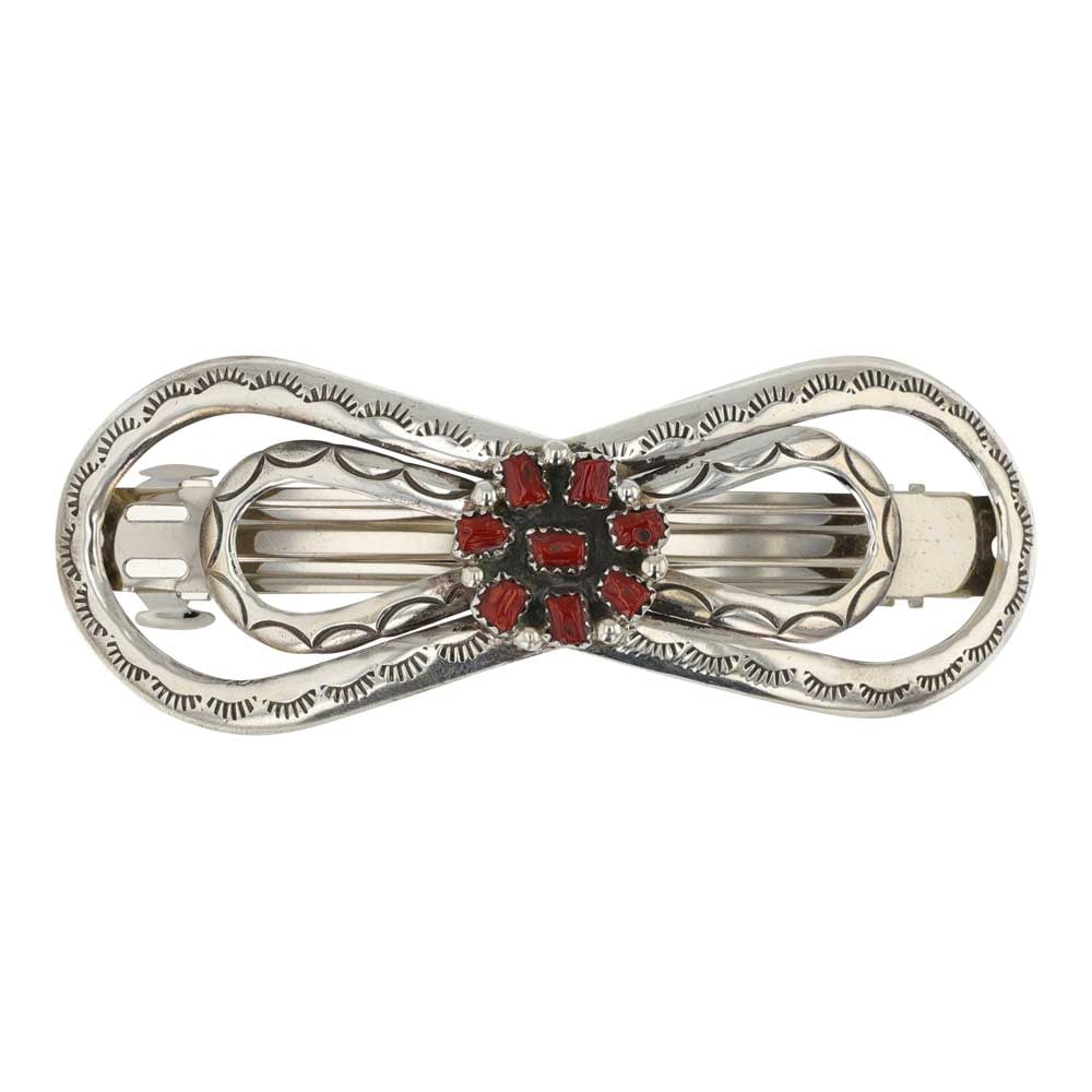 Darlene C Thomas Navajo Coral Hair Barrette: Sterling Silver | Genuine Coral | Darlene C Thomas Navajo Coral Hair Barrette | Navajo Native American Southwest Indian Jewelry | Good (no breaks or damages) | Approximate Weight: 36 Grams | Hair clip